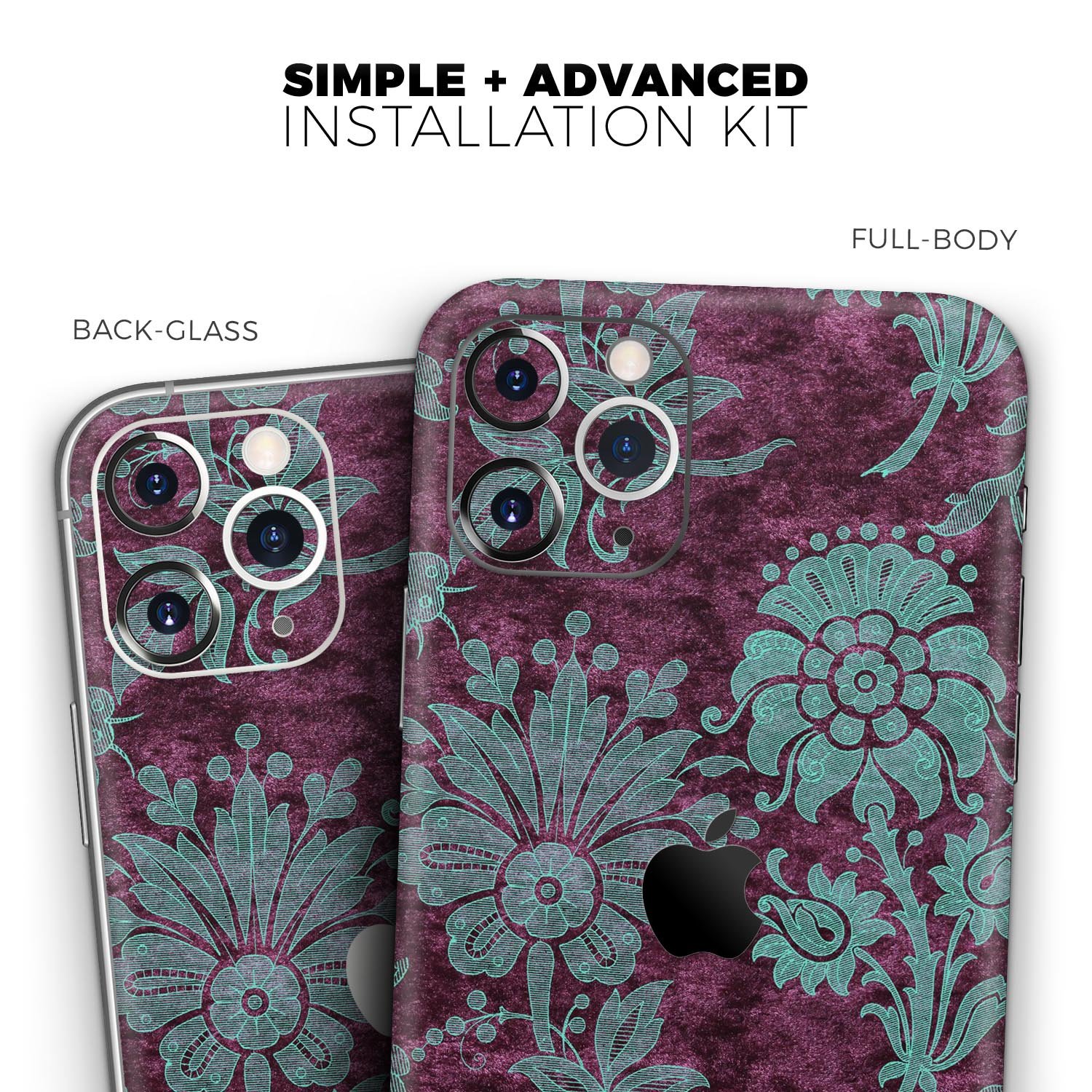 Burgundy and Turquoise Floral Velvet skin for iPhone 11, showcasing vibrant floral patterns on a sleek vinyl surface.