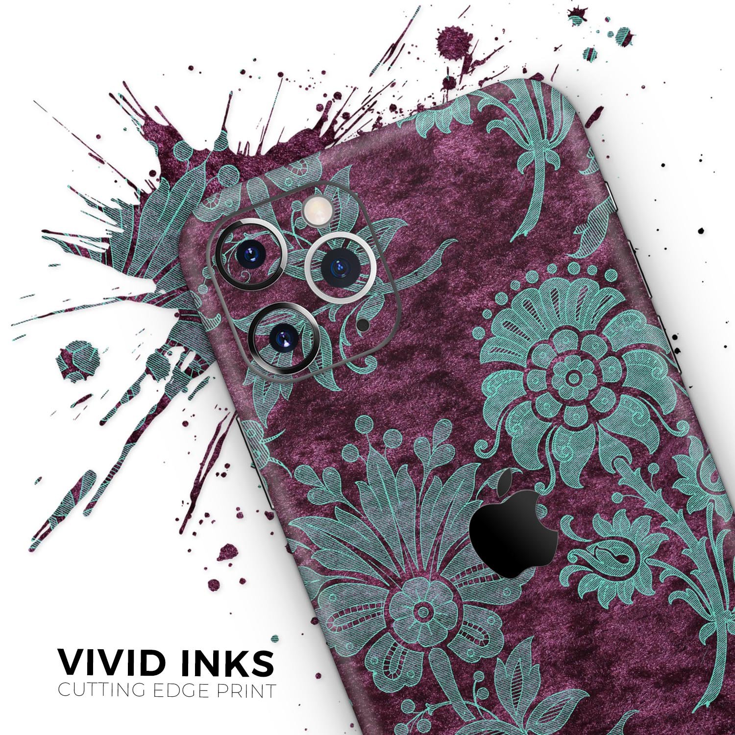 Burgundy and Turquoise Floral Velvet skin for iPhone 11, showcasing vibrant floral patterns on a sleek vinyl surface.