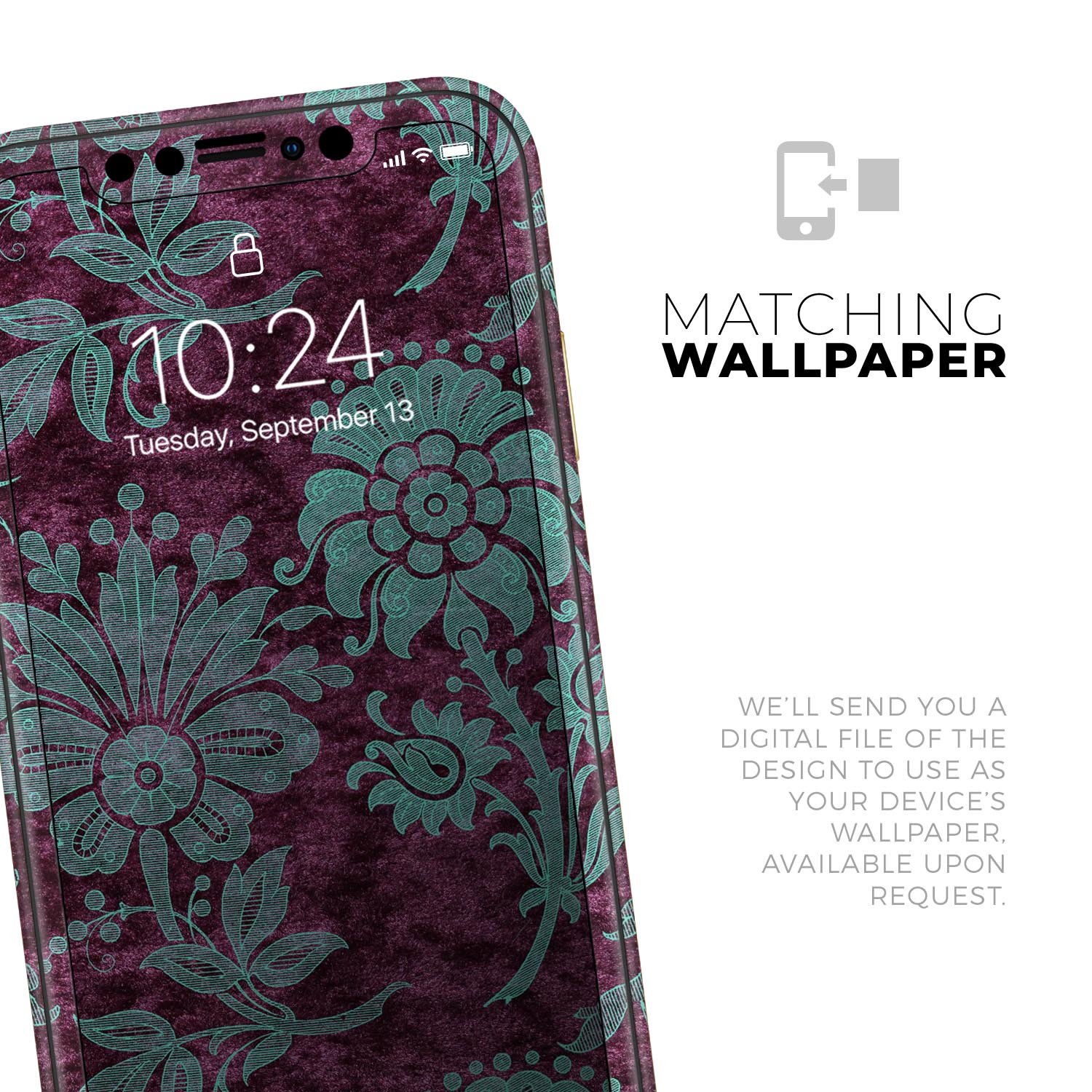 Burgundy and Turquoise Floral Velvet skin for iPhone 11, showcasing vibrant floral patterns on a sleek vinyl surface.