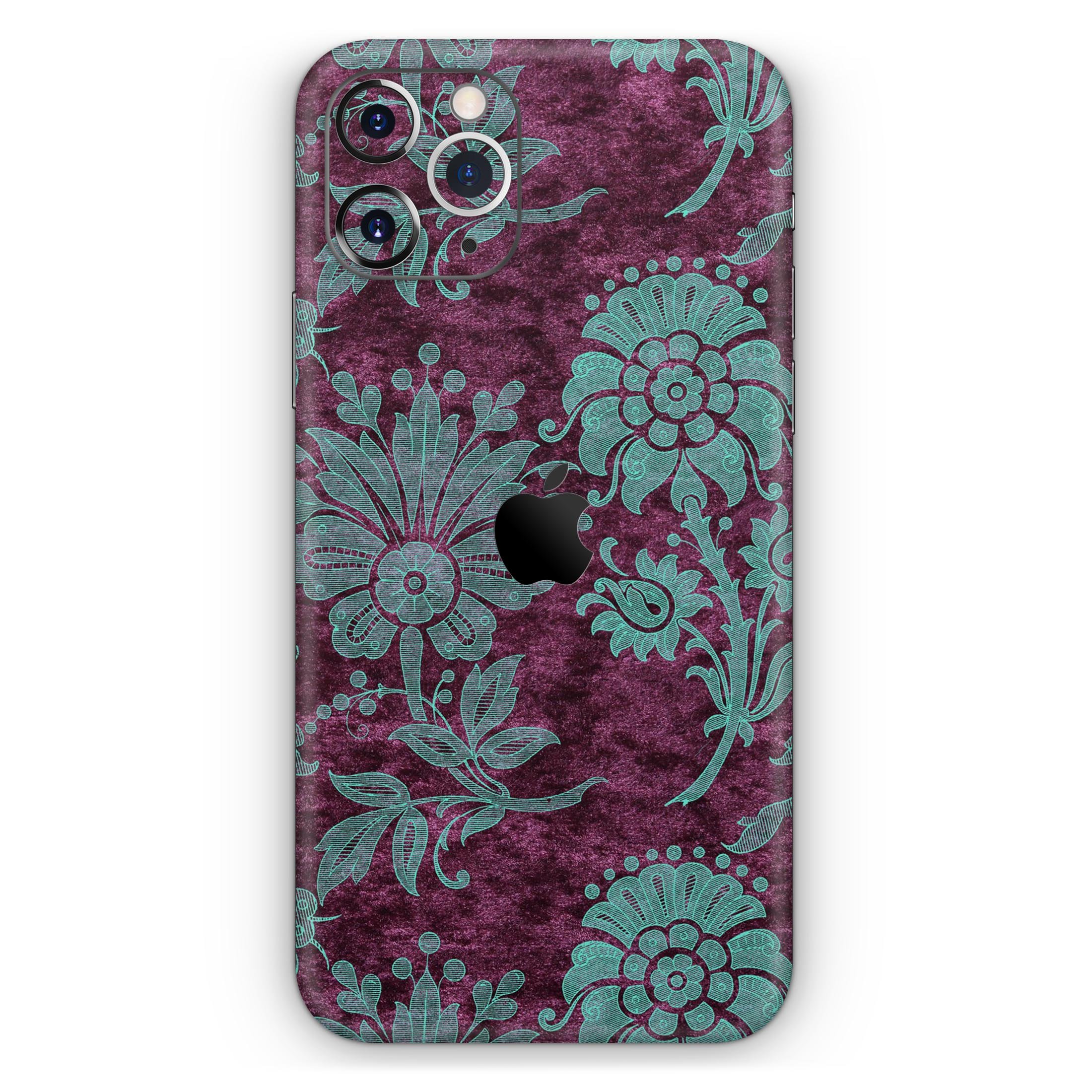 Burgundy and Turquoise Floral Velvet skin for iPhone 11, showcasing vibrant floral patterns on a sleek vinyl surface.