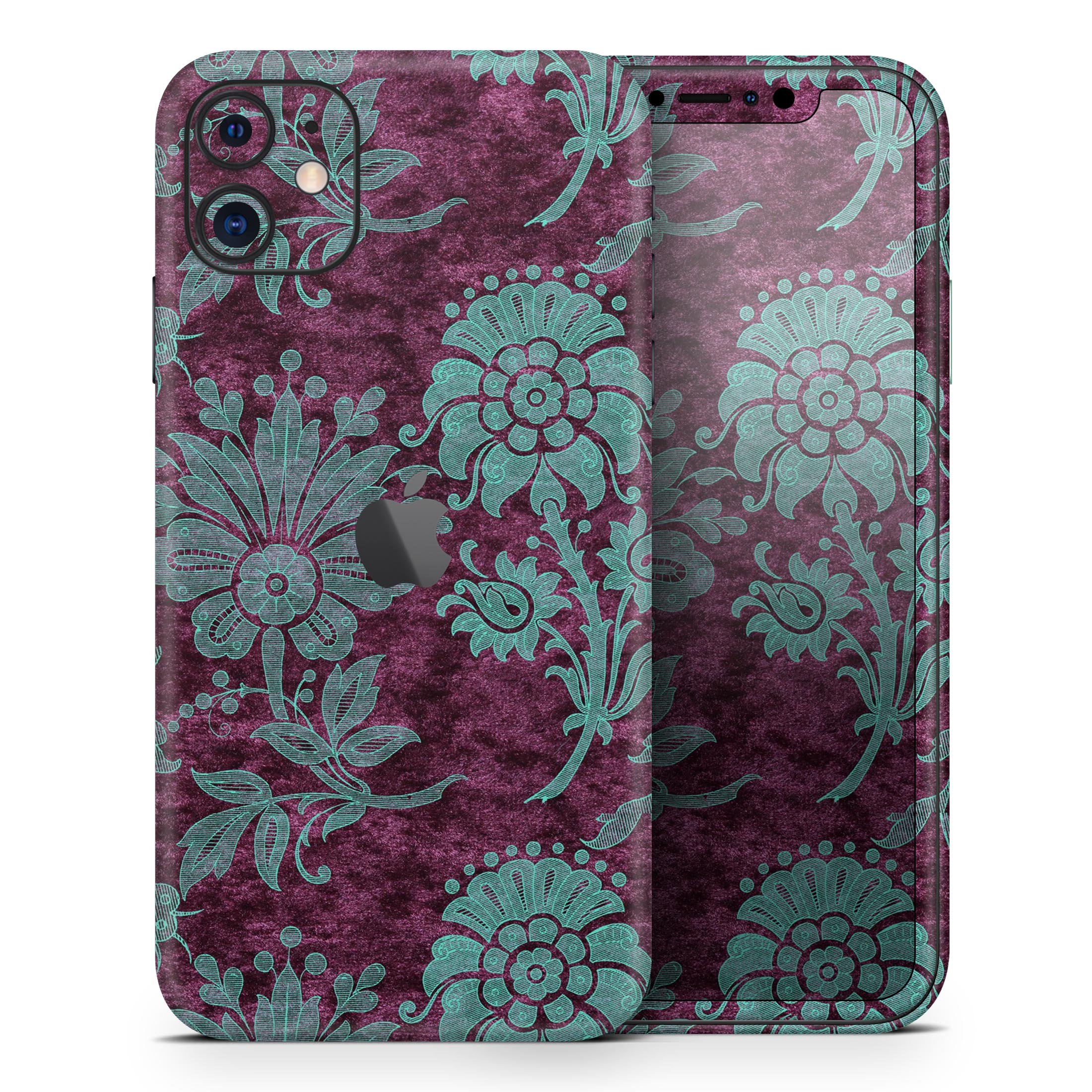 Burgundy and Turquoise Floral Velvet skin for iPhone 11, showcasing vibrant floral patterns on a sleek vinyl surface.