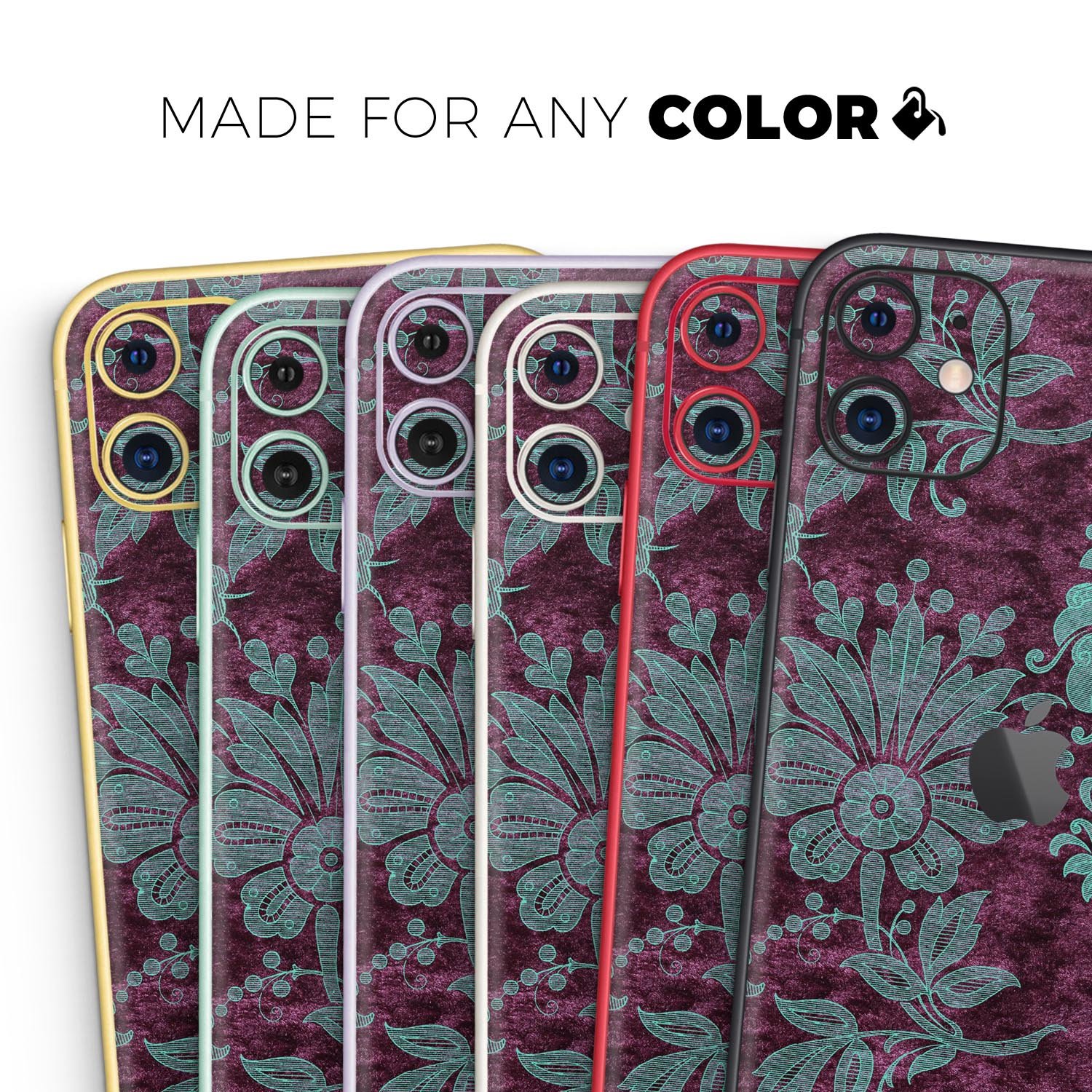 Burgundy and Turquoise Floral Velvet skin for iPhone 11, showcasing vibrant floral patterns on a sleek vinyl surface.