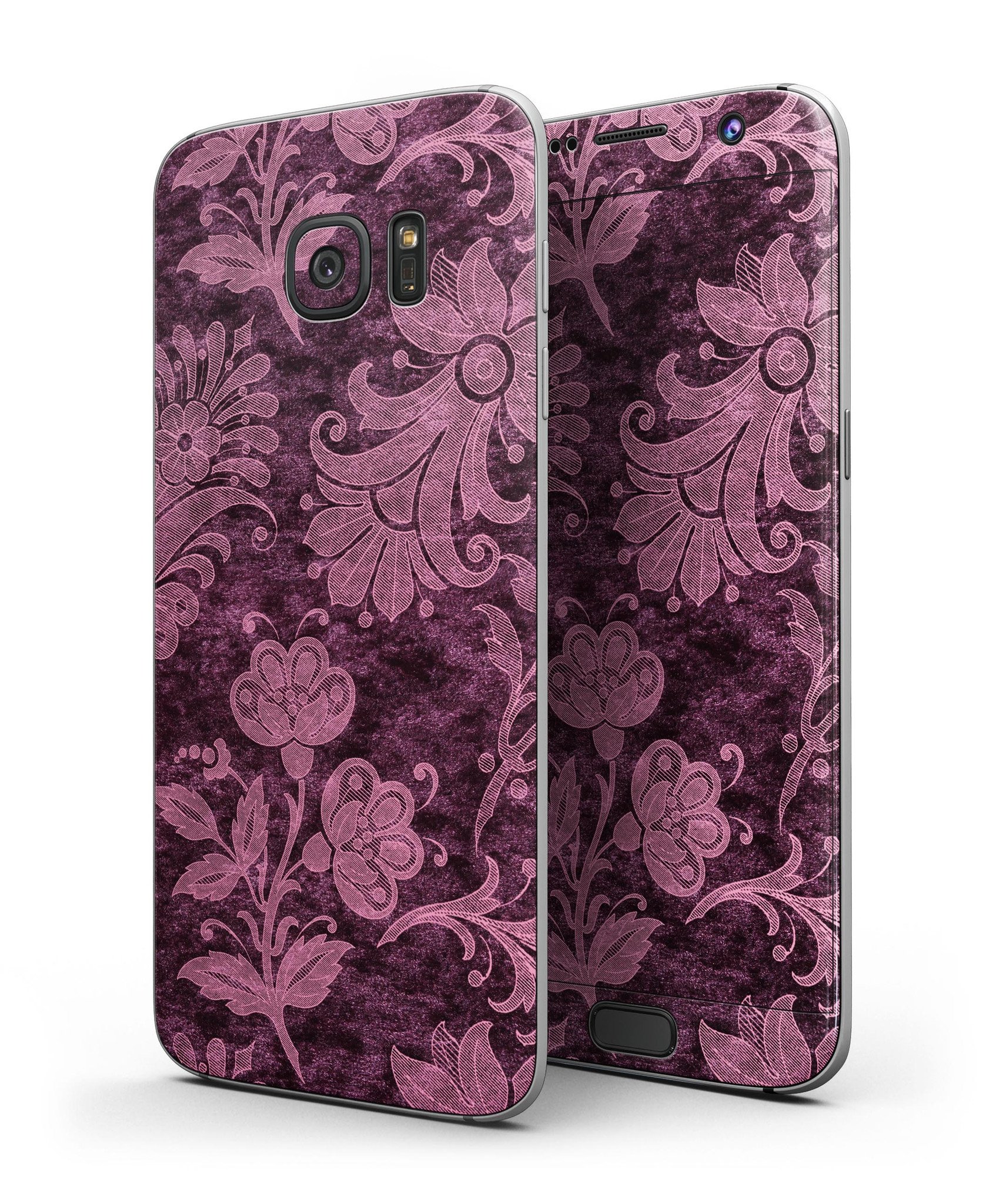 Burgundy Floral Velvet Full Body Skin-Kit for Samsung Galaxy S7, showcasing vibrant floral design and premium vinyl material.