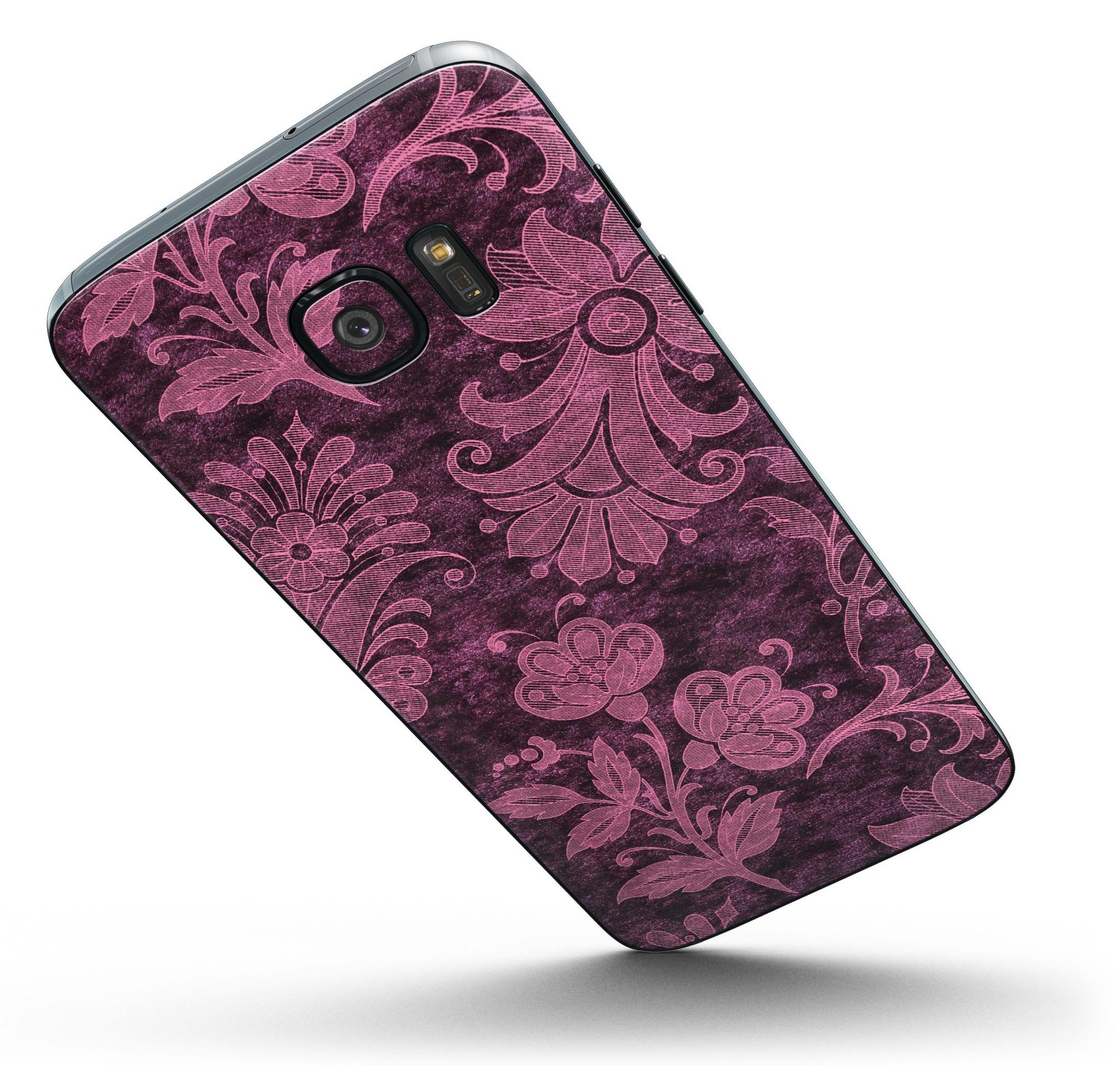 Burgundy Floral Velvet Full Body Skin-Kit for Samsung Galaxy S7, showcasing vibrant floral design and premium vinyl material.