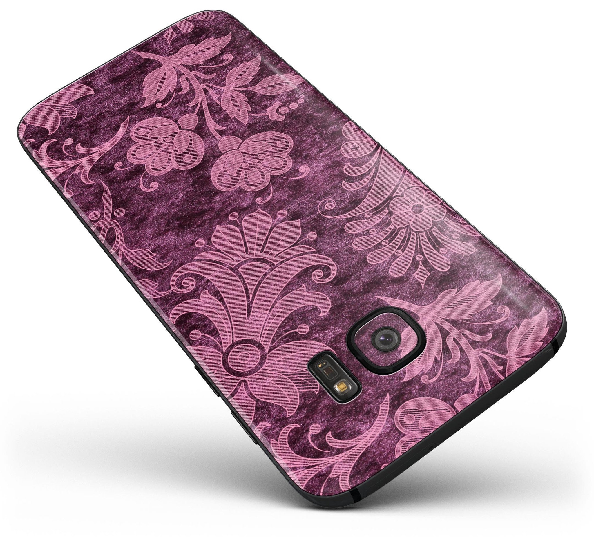 Burgundy Floral Velvet Full Body Skin-Kit for Samsung Galaxy S7, showcasing vibrant floral design and premium vinyl material.