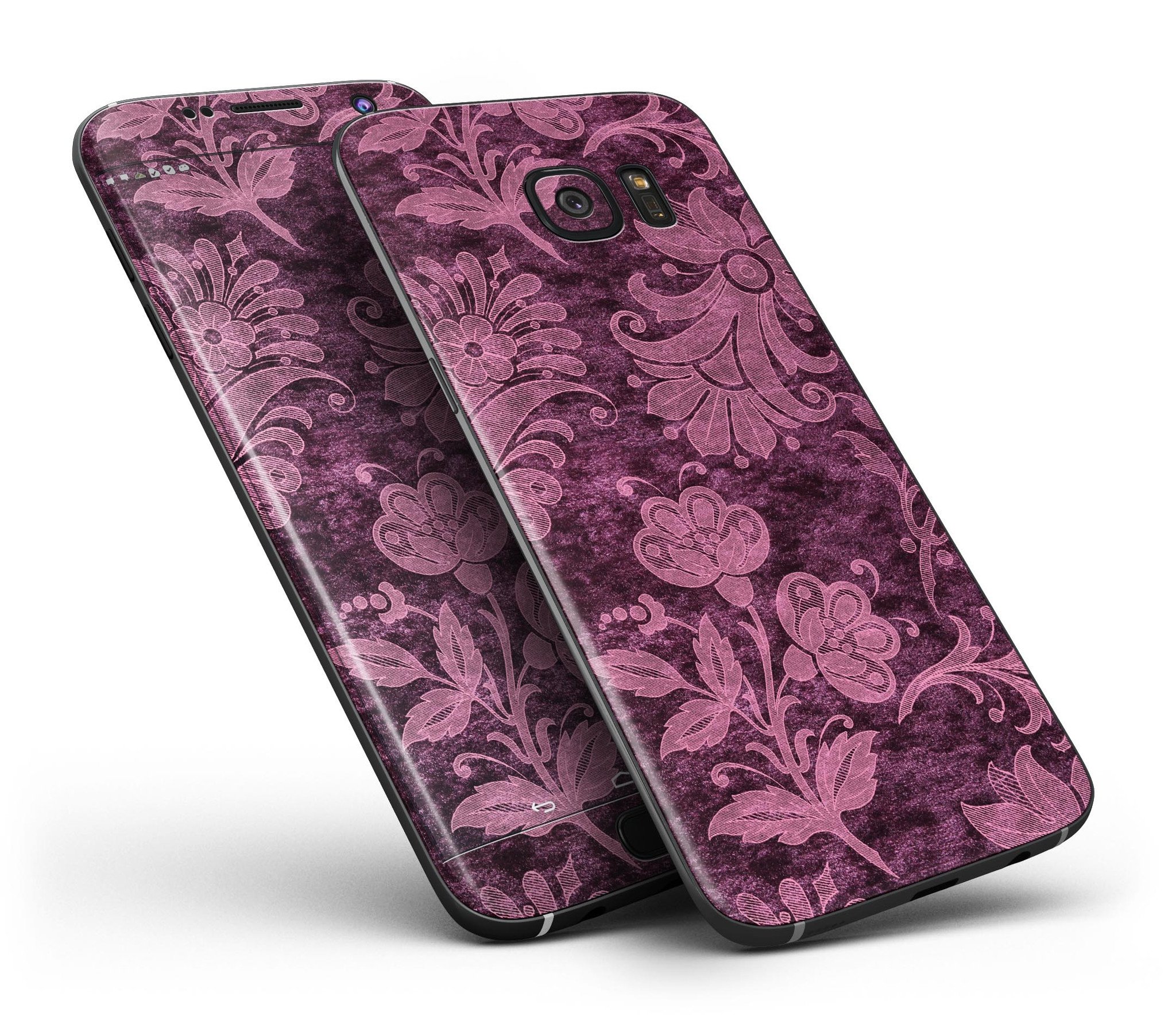 Burgundy Floral Velvet Full Body Skin-Kit for Samsung Galaxy S7, showcasing vibrant floral design and premium vinyl material.