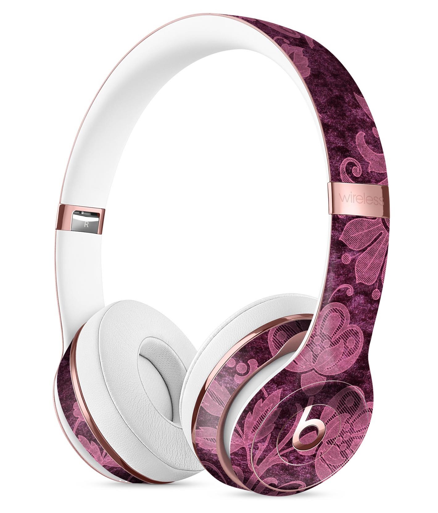 Burgundy Floral Velvet Skin Kit for Beats by Dre Solo 3, showcasing vibrant floral patterns on a sleek vinyl surface.