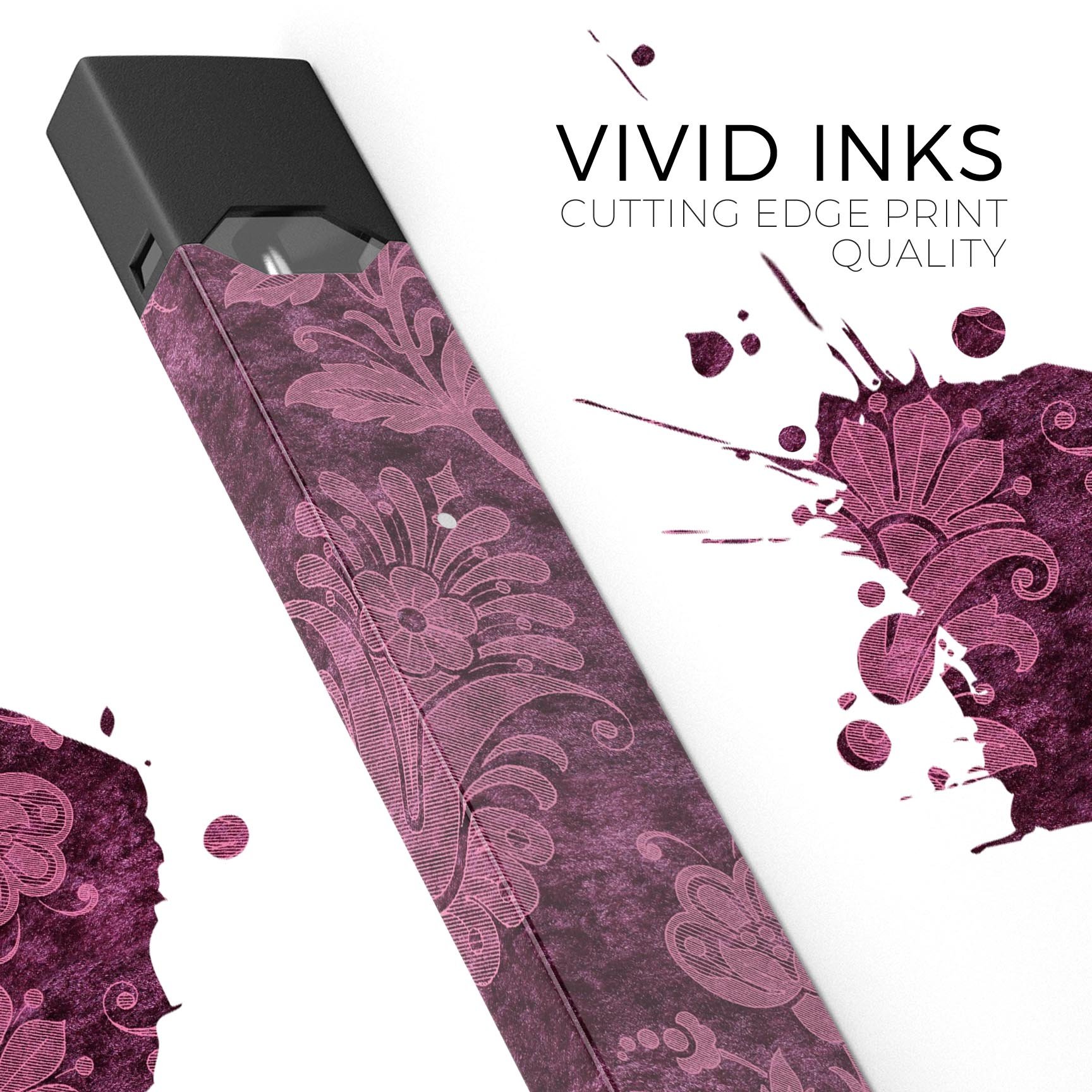 Burgundy Floral Velvet skin-wrap sticker designed for JUUL vaping device, showcasing vibrant floral patterns and premium quality.