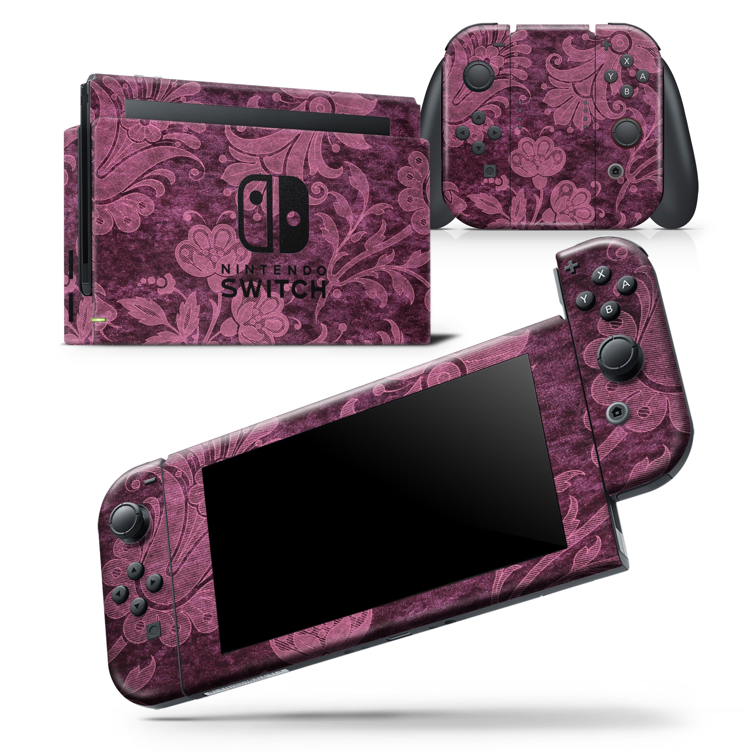 Burgundy Floral Velvet skin wrap decal for Nintendo Switch Lite, showcasing vibrant floral patterns on a sleek vinyl surface.