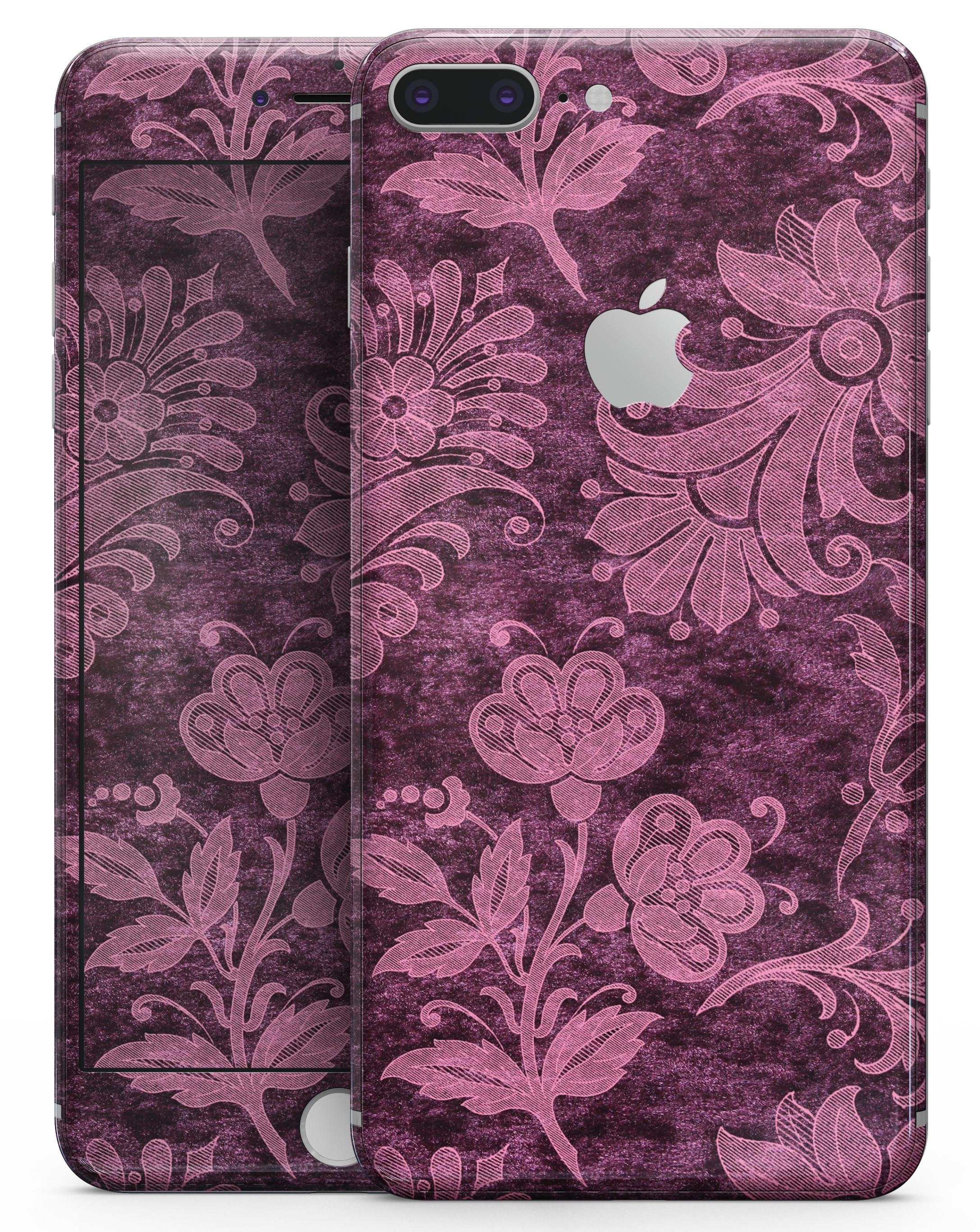 Burgundy Floral Velvet skin for iPhone 8 and 8 Plus, showcasing vibrant floral design on a sleek vinyl surface.