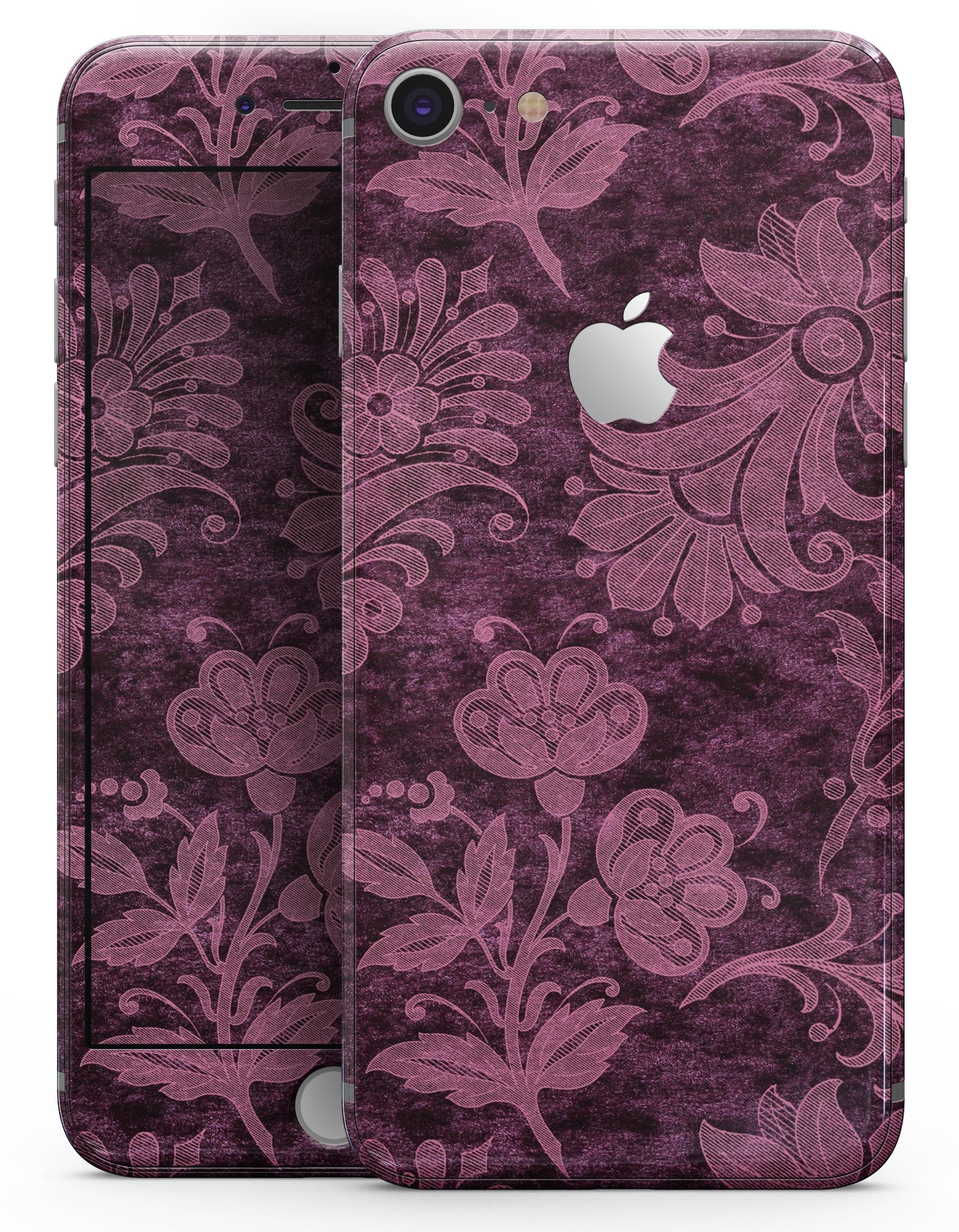 Burgundy Floral Velvet skin for iPhone 8 and 8 Plus, showcasing vibrant floral design on a sleek vinyl surface.