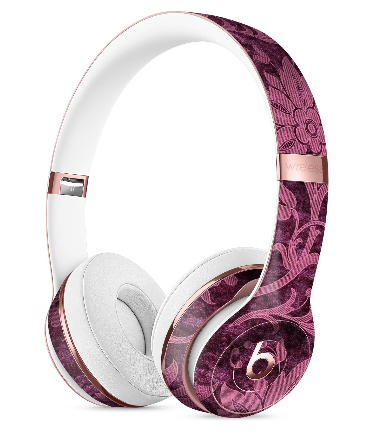 Burgundy Floral Velvet Full-Body Skin Kit for Beats by Dre Solo 3 Wireless Headphones, showcasing vibrant floral design and premium vinyl material.