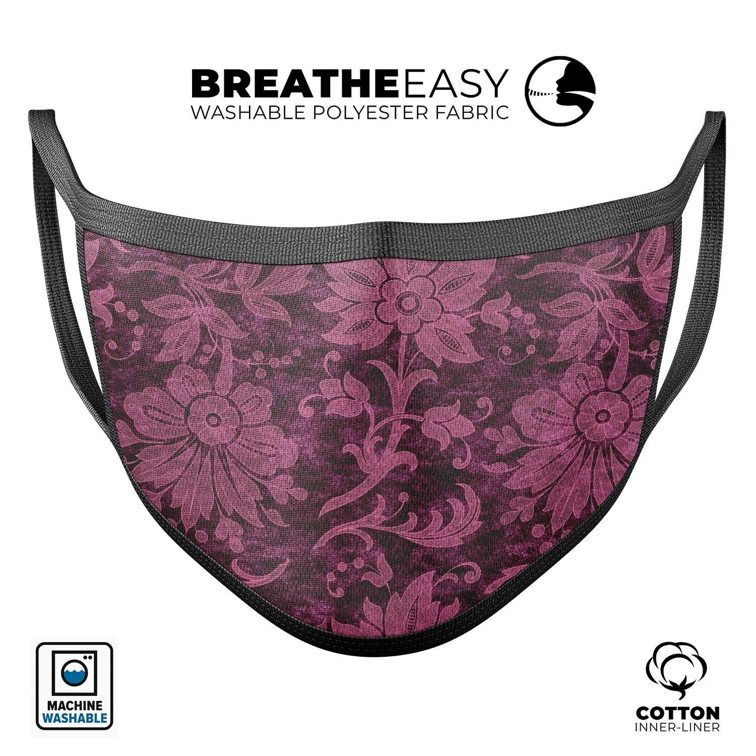 Burgundy Floral Velvet v2 mouth cover, showcasing a vibrant floral design on a soft fabric, ideal for everyday use.