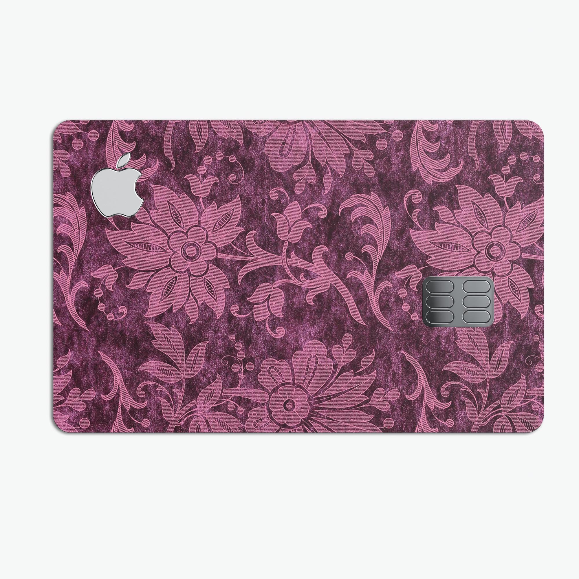 Burgundy Floral Velvet skin decal for Apple Card, showcasing vibrant floral design and premium finish.