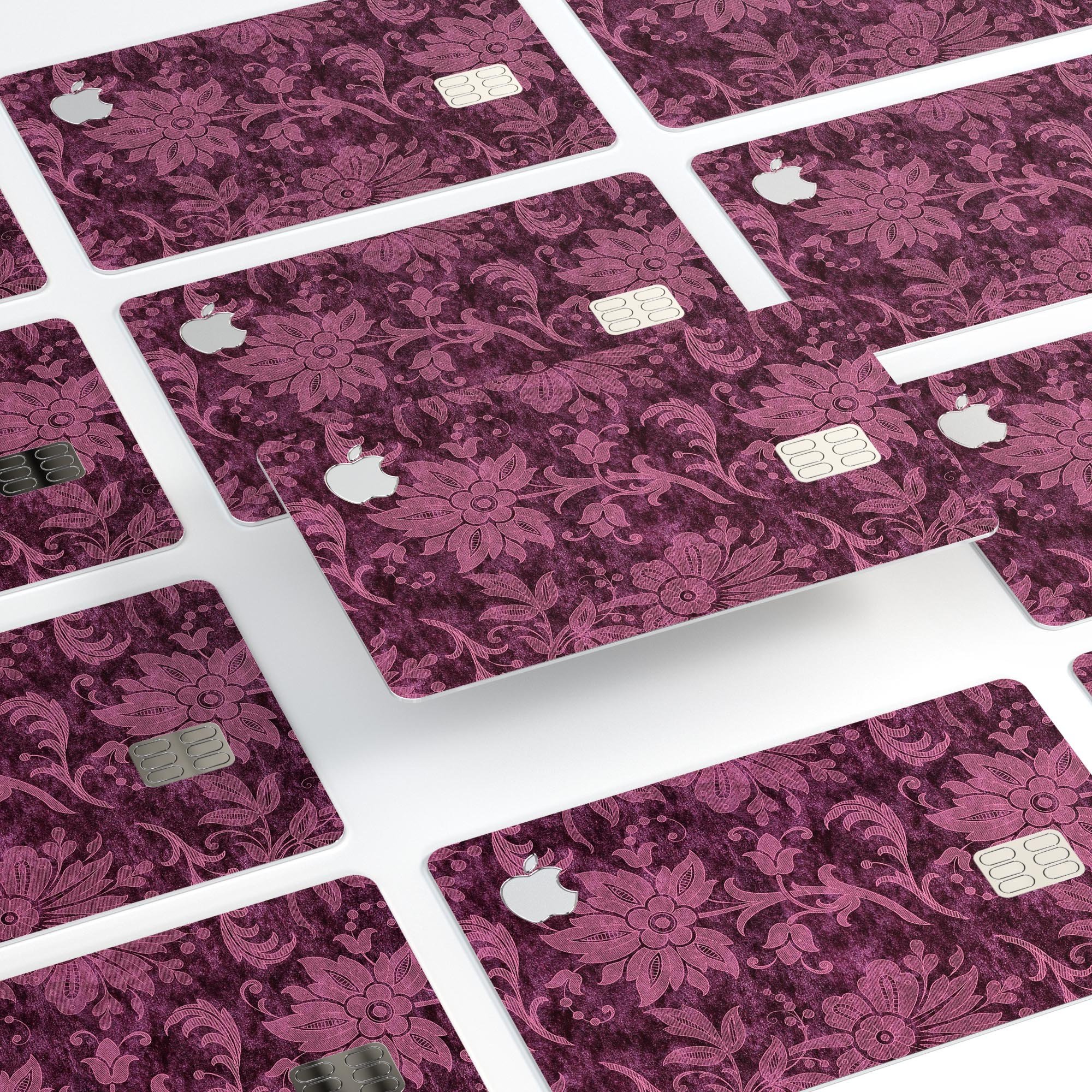 Burgundy Floral Velvet skin decal for Apple Card, showcasing vibrant floral design and premium finish.