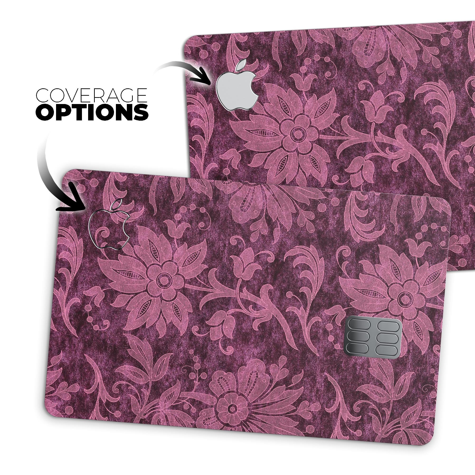 Burgundy Floral Velvet skin decal for Apple Card, showcasing vibrant floral design and premium finish.