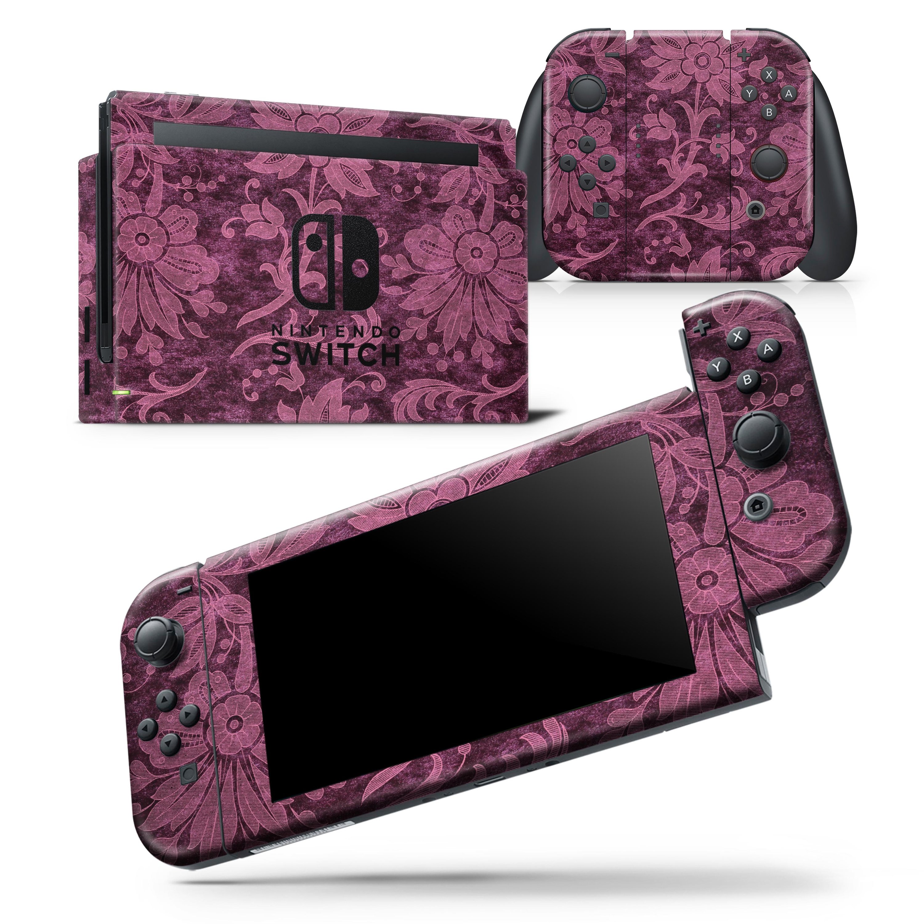 Burgundy Floral Velvet skin wrap decal for Nintendo Switch Lite, showcasing vibrant floral design and smooth finish.