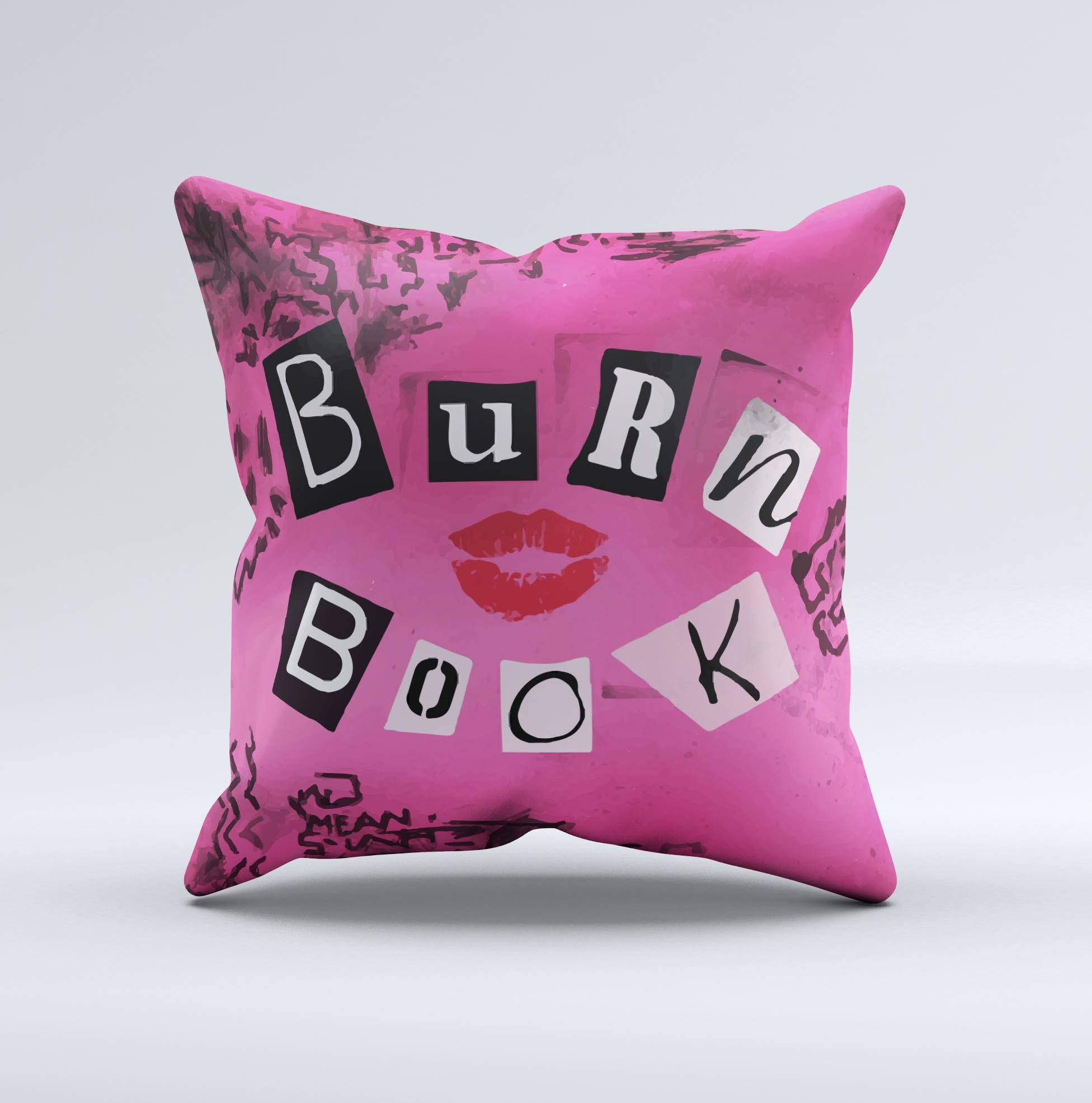 Burn Book Pink Ink-Fuzed Decorative Throw Pillow featuring a vibrant pink design, handmade in Virginia with high-quality materials.