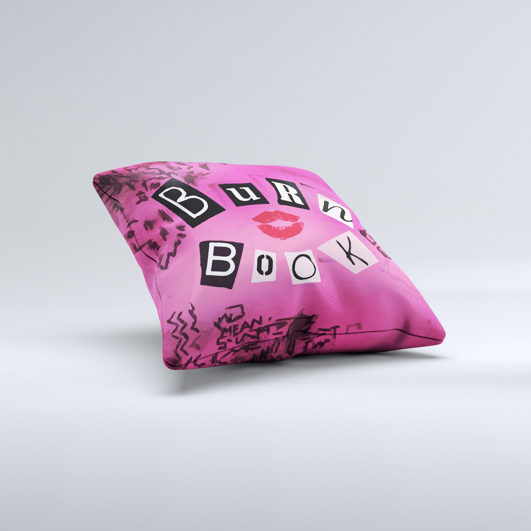 Burn Book Pink Ink-Fuzed Decorative Throw Pillow featuring a vibrant pink design, handmade in Virginia with high-quality materials.