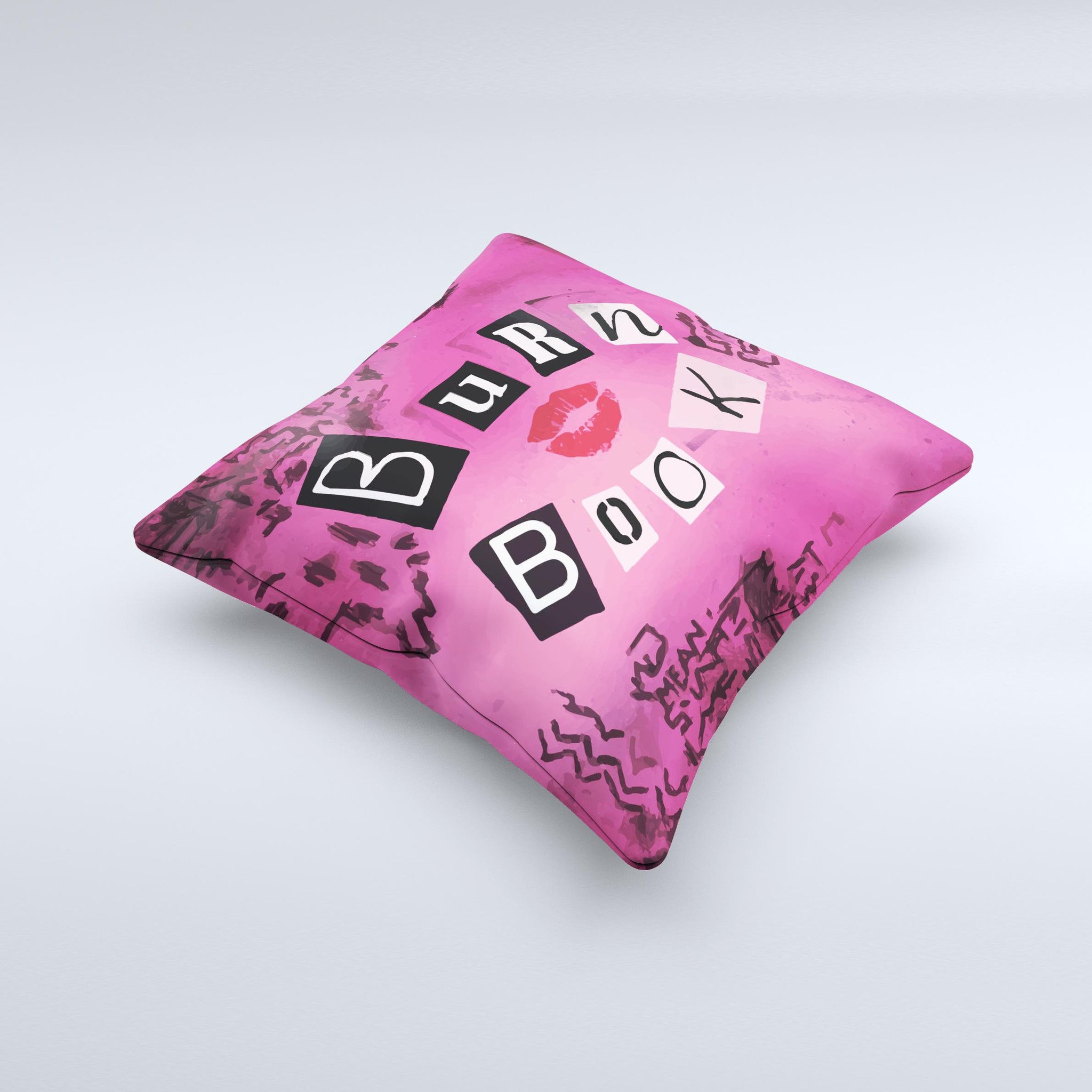 Burn Book Pink Ink-Fuzed Decorative Throw Pillow featuring a vibrant pink design, handmade in Virginia with high-quality materials.