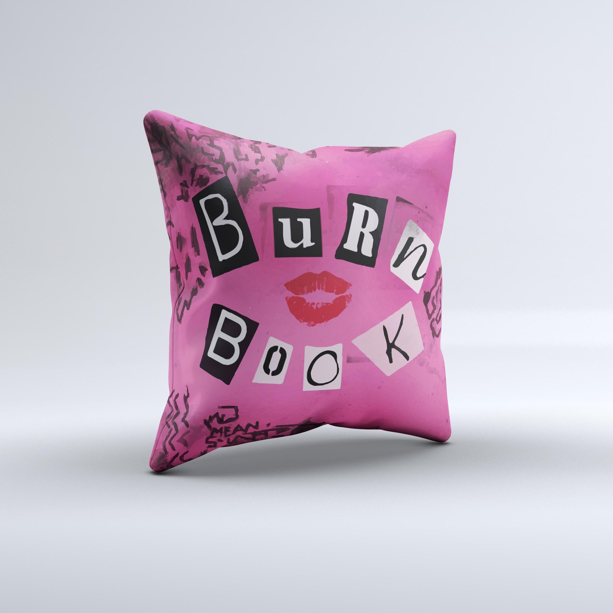 Burn Book Pink Ink-Fuzed Decorative Throw Pillow featuring a vibrant pink design, handmade in Virginia with high-quality materials.