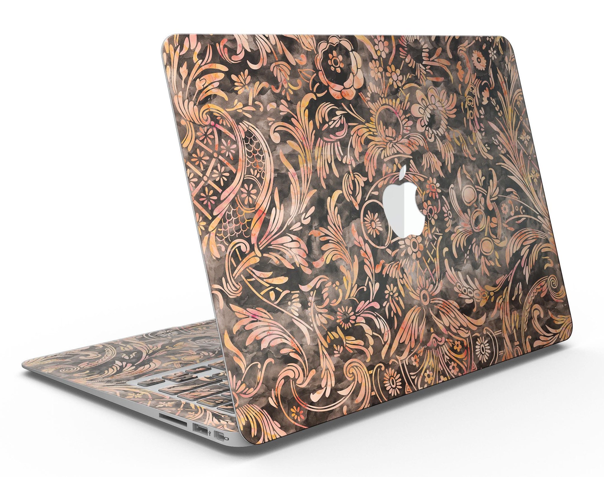 Burning Damask Watercolor Pattern MacBook Air Skin Kit showcasing vibrant colors and intricate design.