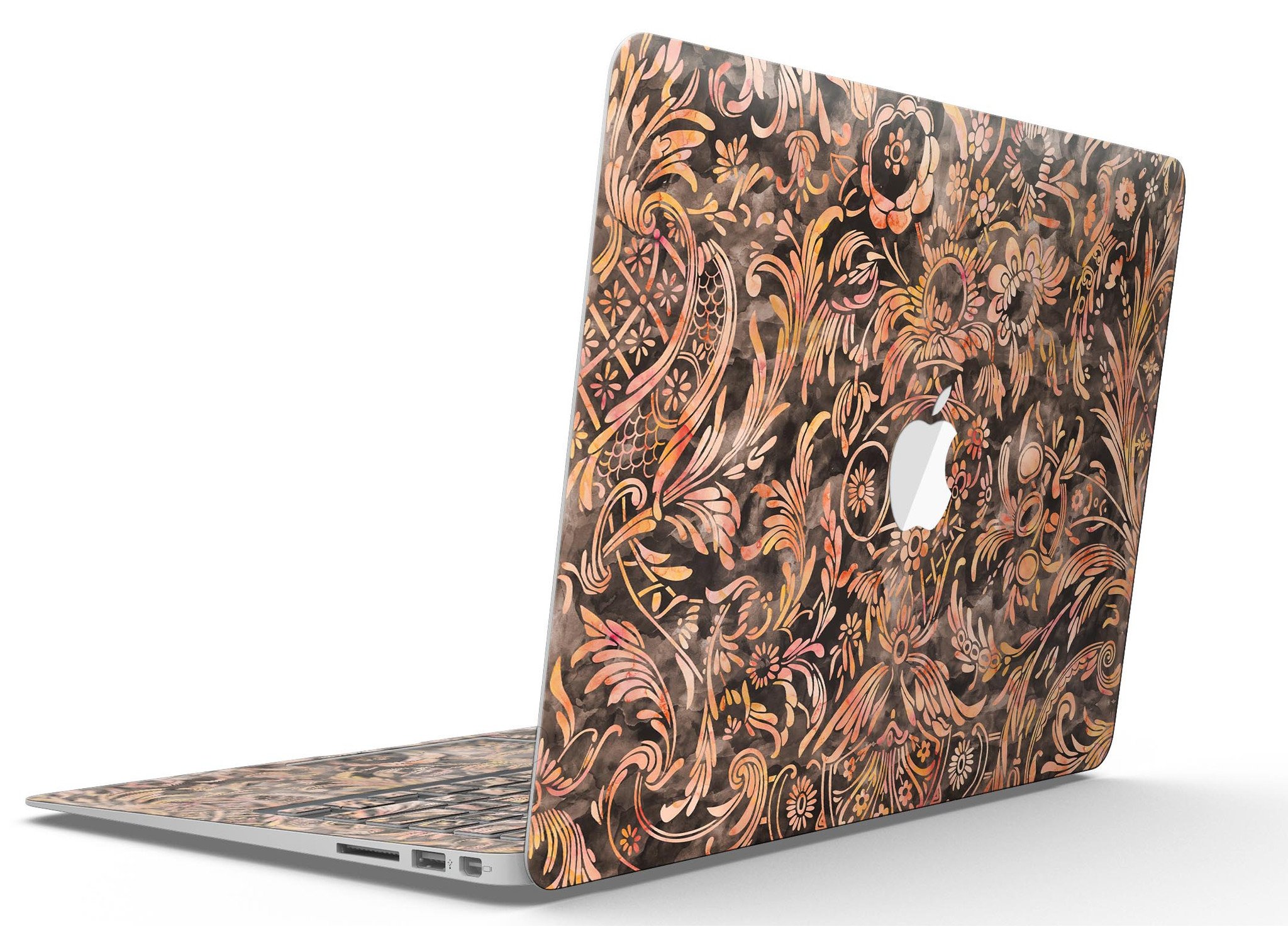 Burning Damask Watercolor Pattern MacBook Air Skin Kit showcasing vibrant colors and intricate design.