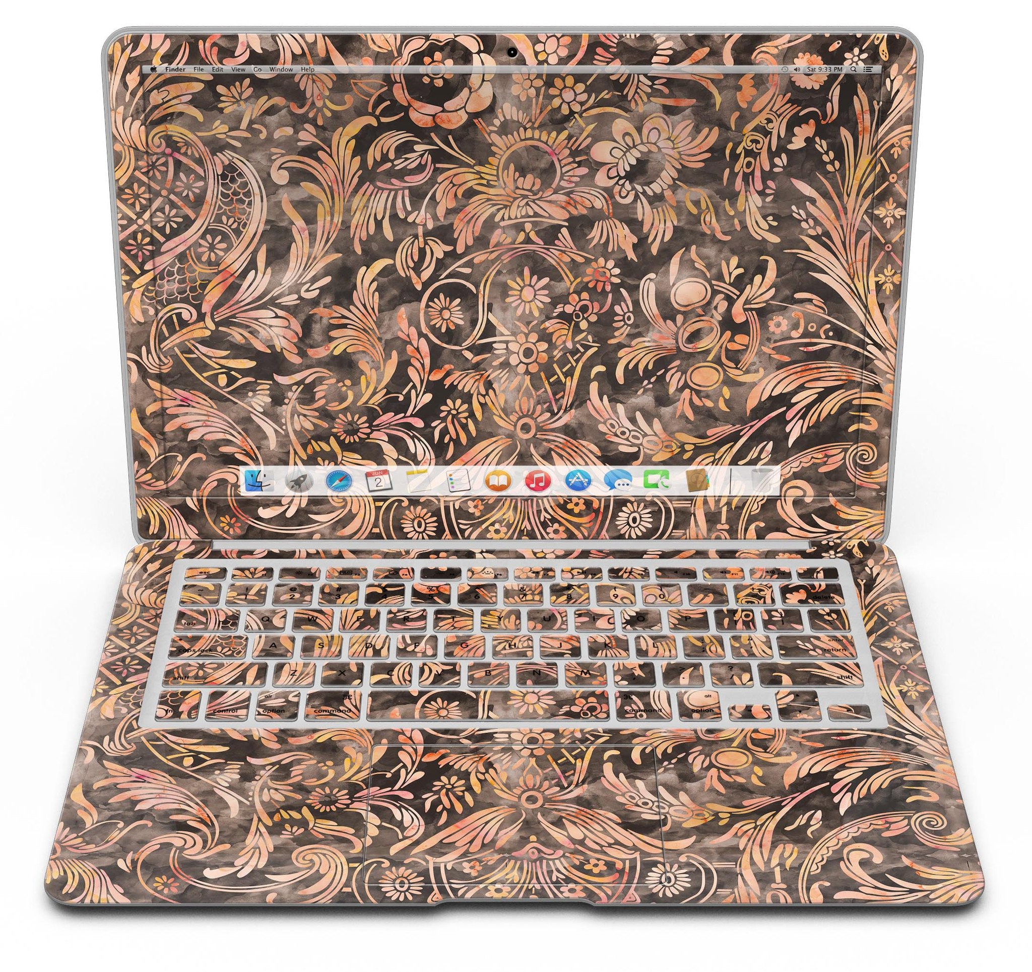 Burning Damask Watercolor Pattern MacBook Air Skin Kit showcasing vibrant colors and intricate design.