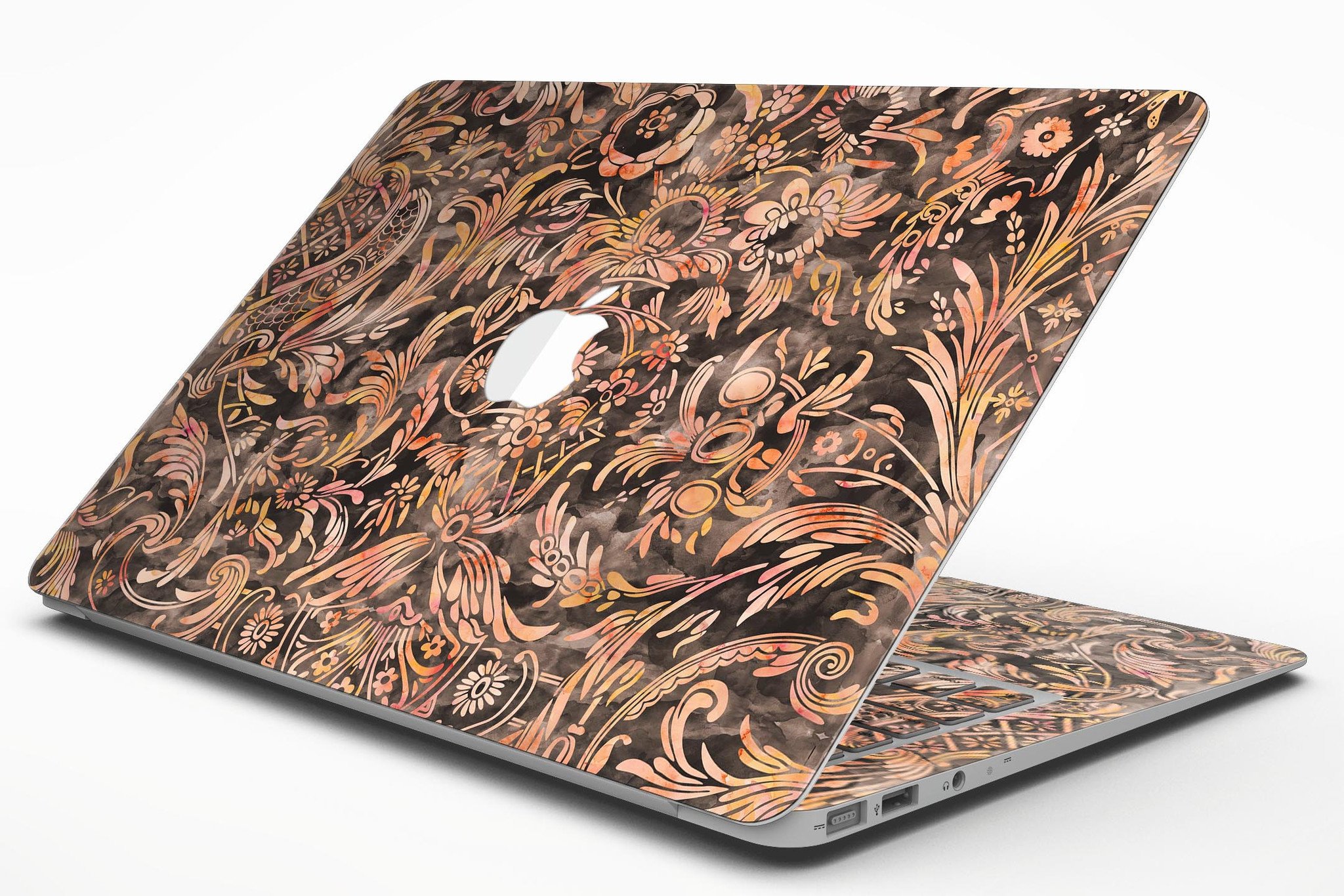 Burning Damask Watercolor Pattern MacBook Air Skin Kit showcasing vibrant colors and intricate design.