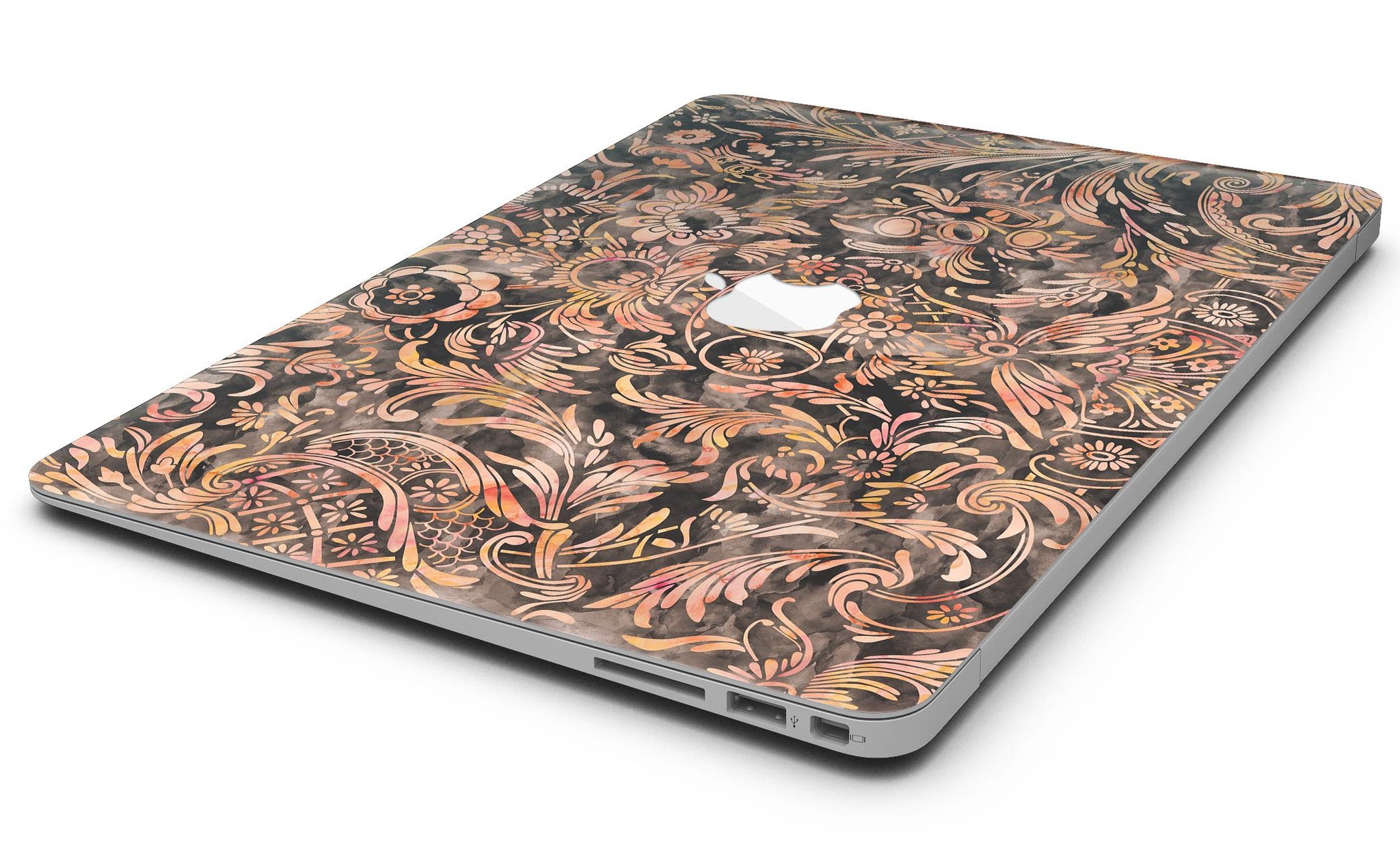 Burning Damask Watercolor Pattern MacBook Air Skin Kit showcasing vibrant colors and intricate design.