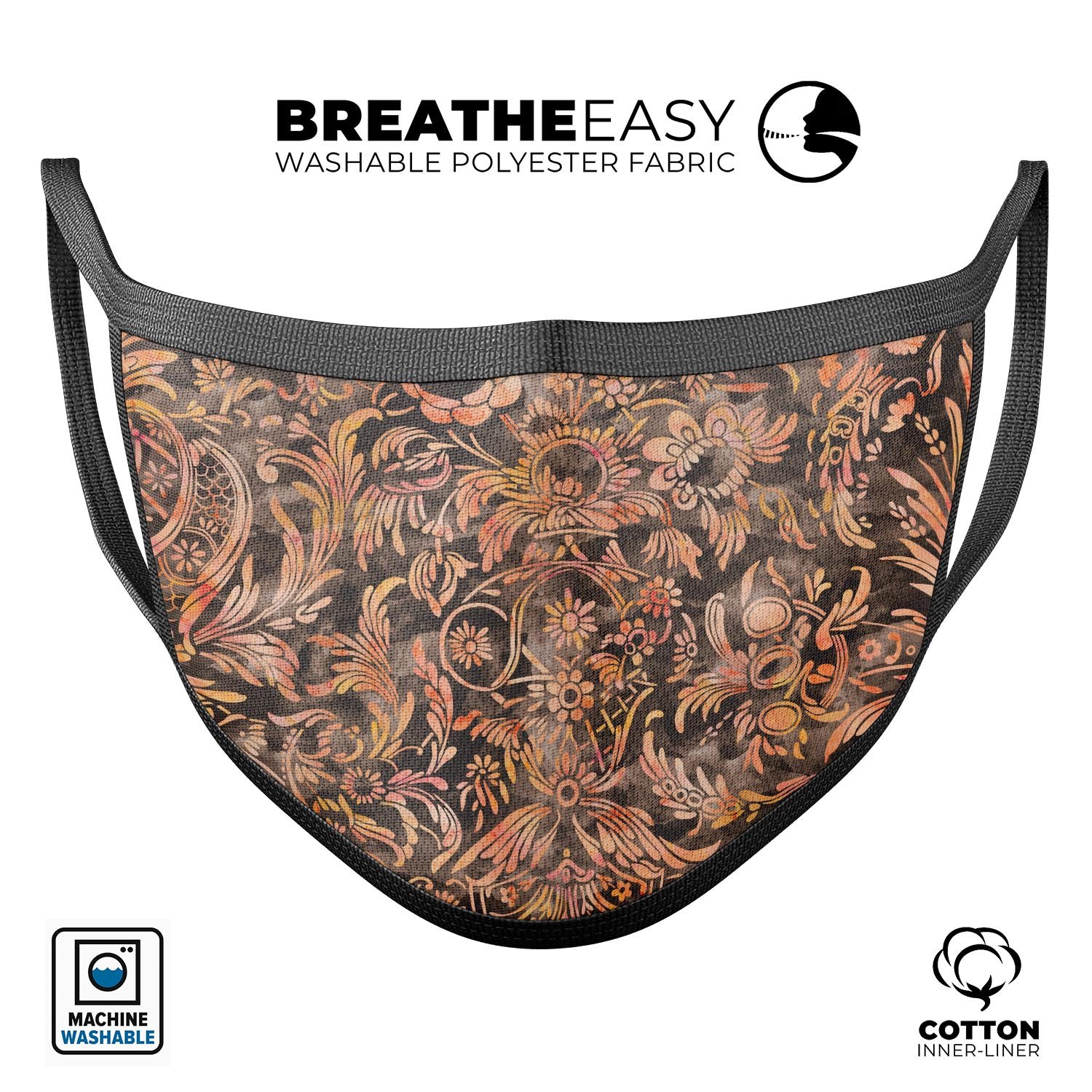 Burning Damask Watercolor Pattern face mask, showcasing vibrant colors and a comfortable fit, made in the USA.