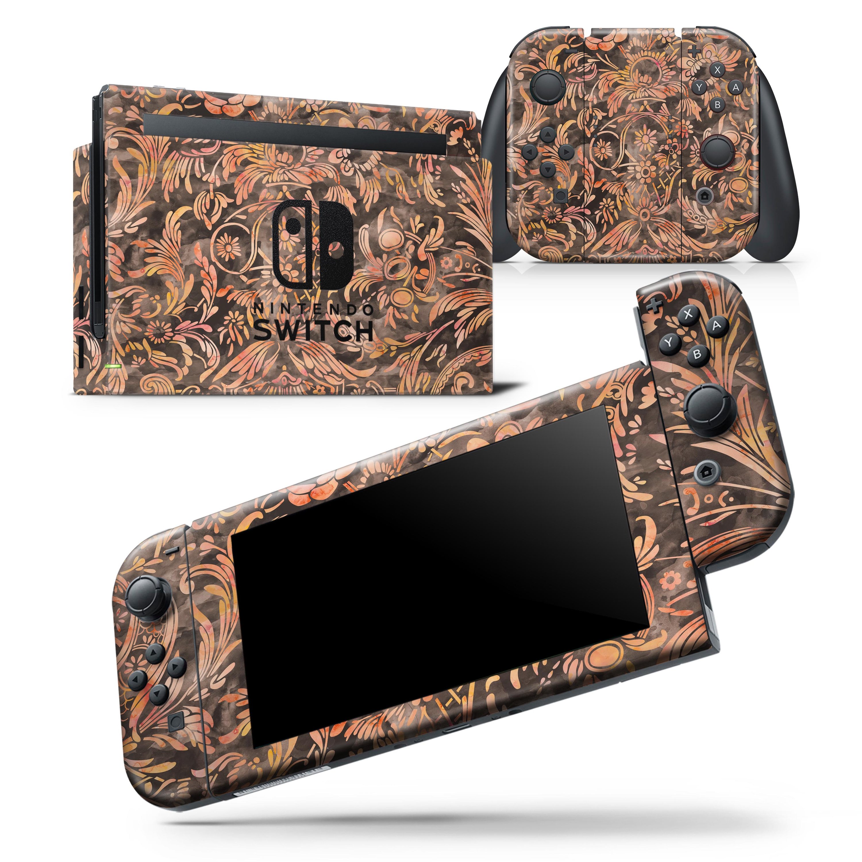 Burning Damask Watercolor Pattern Skin Wrap Decal for Nintendo Switch, showcasing vibrant colors and intricate design.