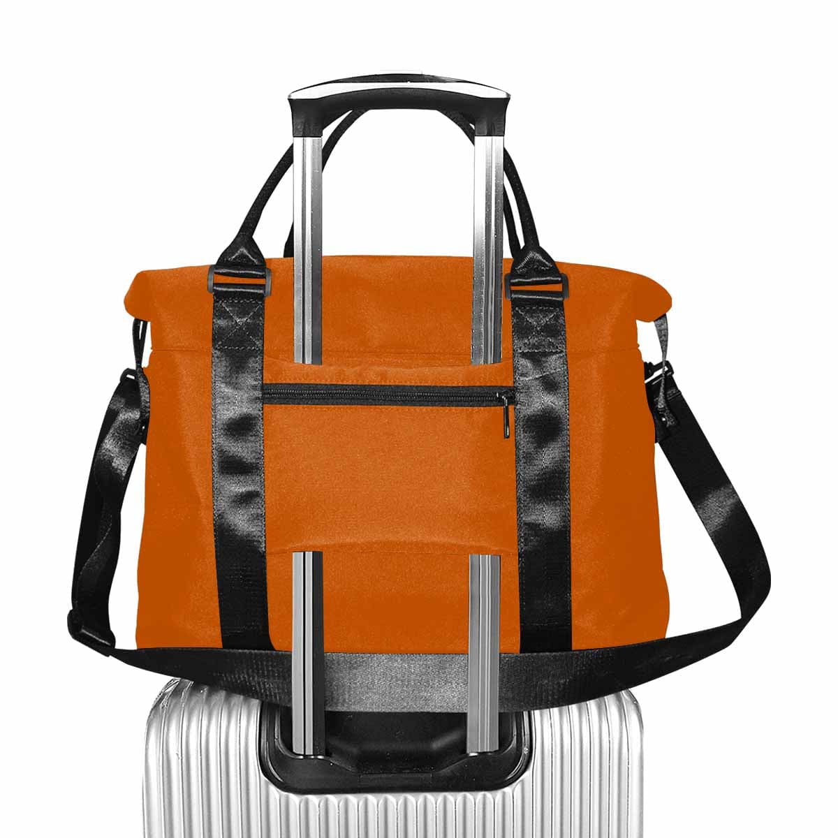 Burnt Orange Duffel Bag with adjustable strap and metal button closure, showcasing its spacious design and durable fabric.