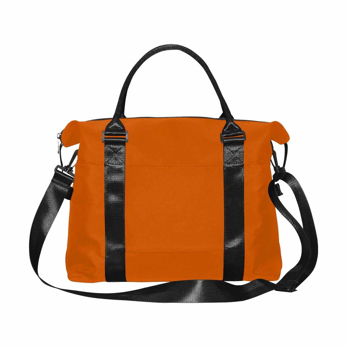 Burnt Orange Duffel Bag with adjustable strap and metal button closure, showcasing its spacious design and durable fabric.