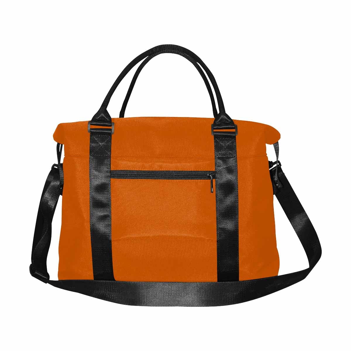 Burnt Orange Duffel Bag with adjustable strap and metal button closure, showcasing its spacious design and durable fabric.