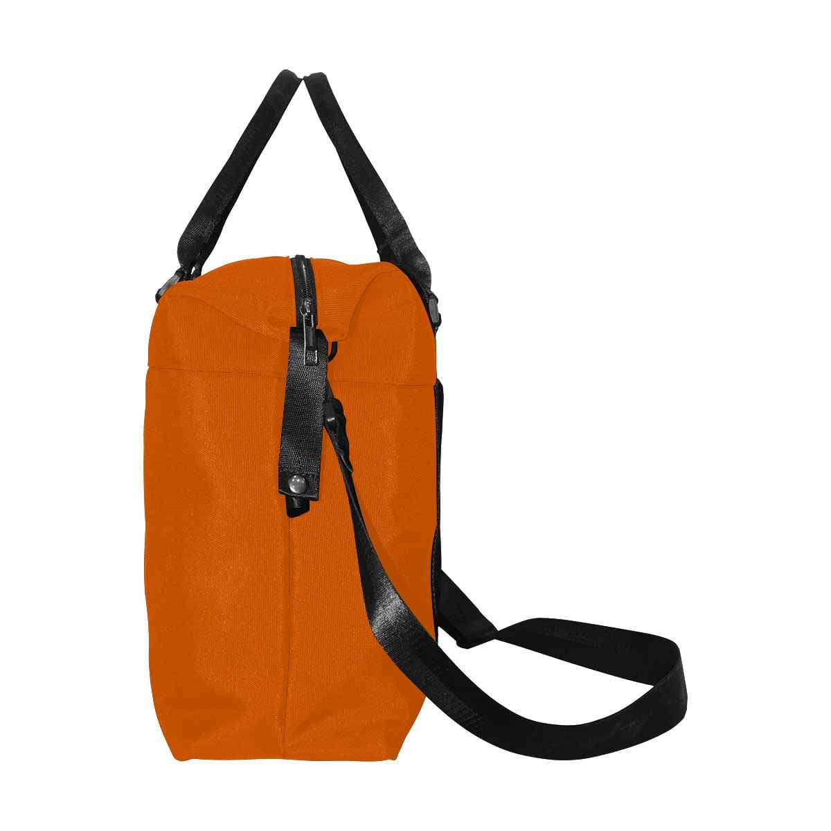 Burnt Orange Duffel Bag with adjustable strap and metal button closure, showcasing its spacious design and durable fabric.