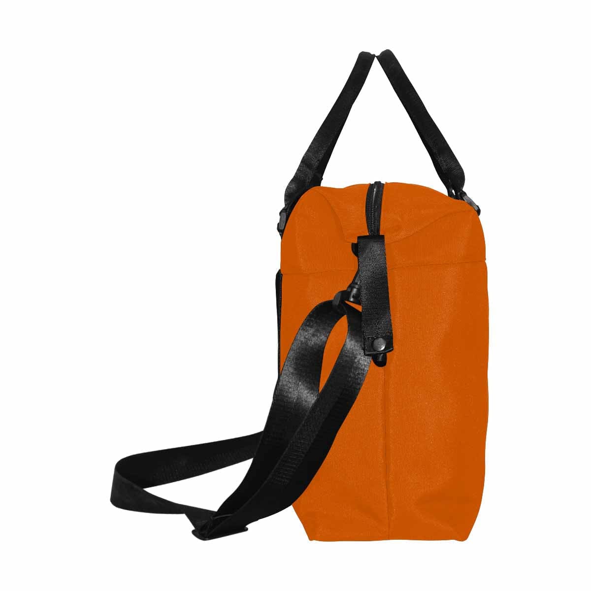 Burnt Orange Duffel Bag with adjustable strap and metal button closure, showcasing its spacious design and durable fabric.