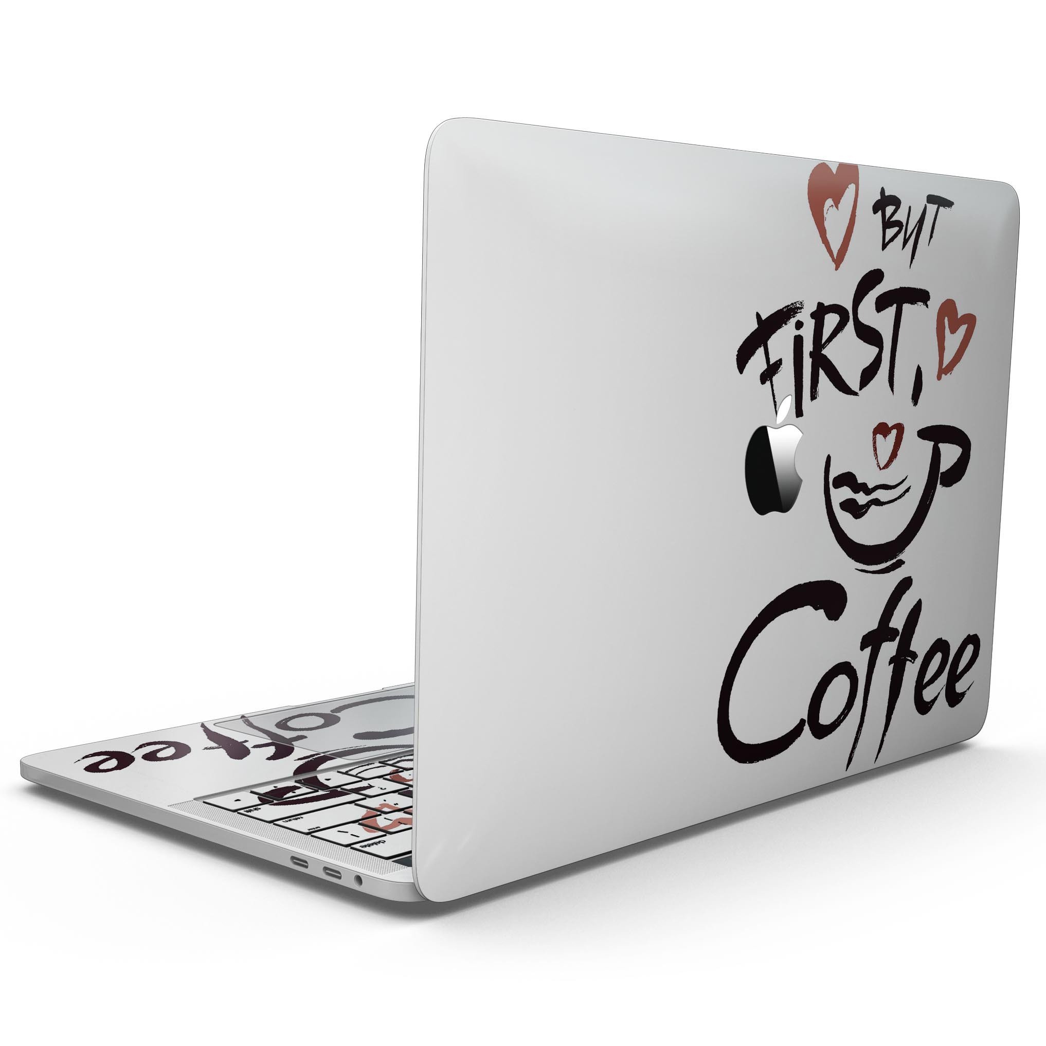 Stylish But First Coffee skin kit for 13" MacBook Pro without Touch Bar, showcasing vibrant design and premium vinyl material.