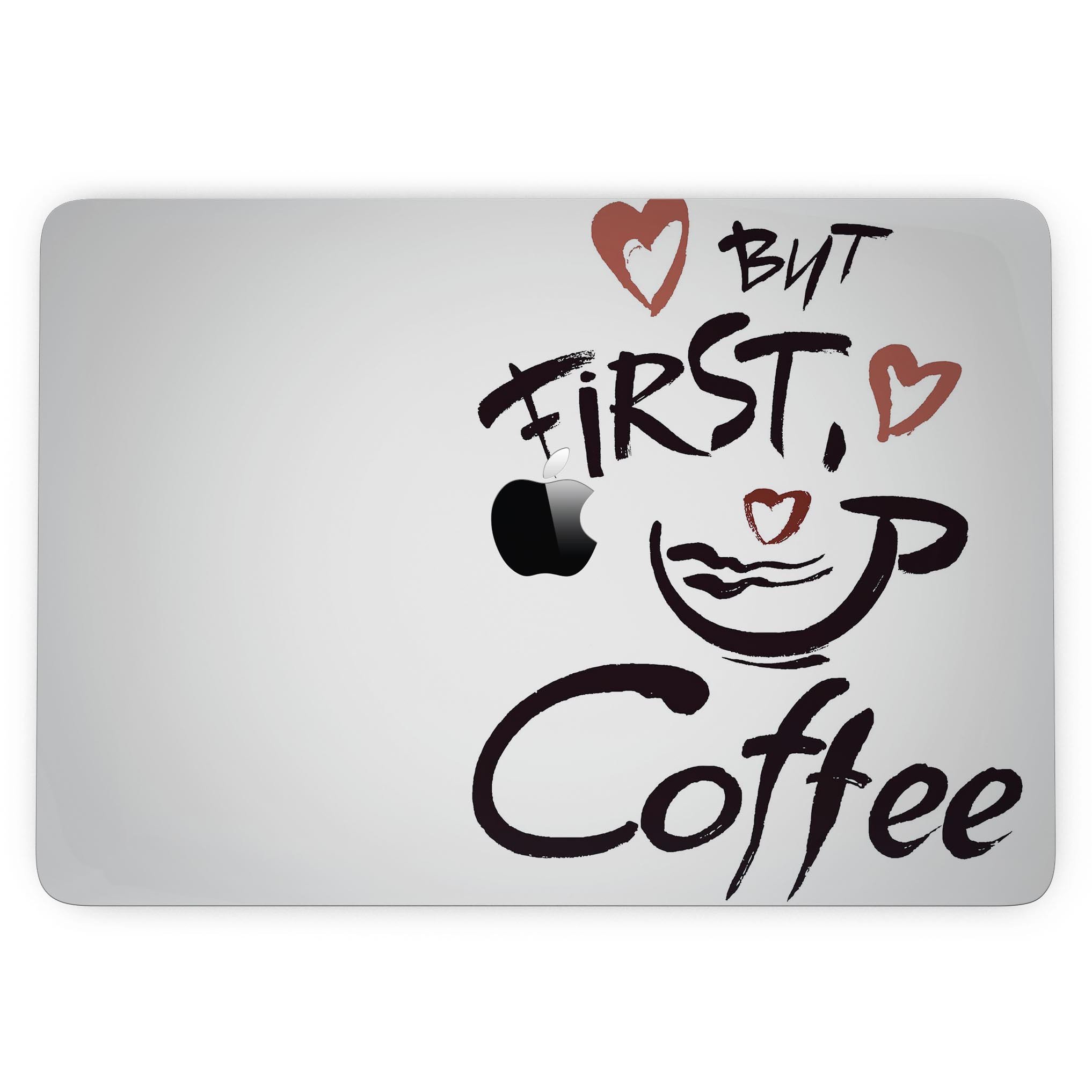 Stylish But First Coffee skin kit for 13" MacBook Pro without Touch Bar, showcasing vibrant design and premium vinyl material.