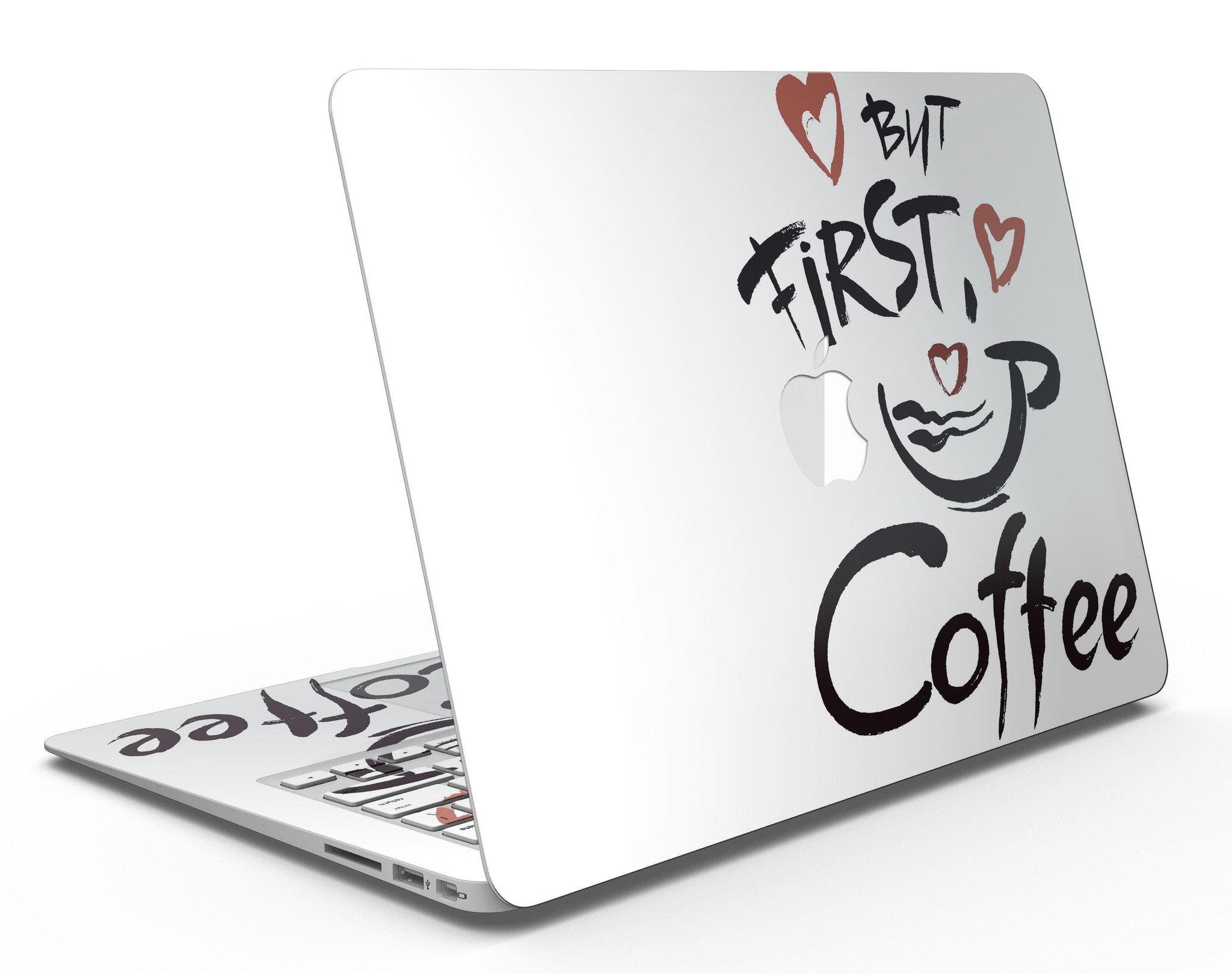 But First Coffee MacBook Air Skin Kit featuring a stylish coffee-themed design, made from durable vinyl for protection and style.