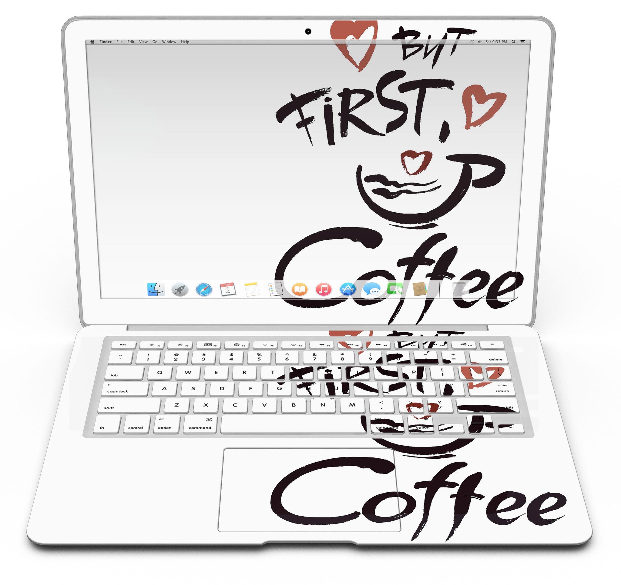 But First Coffee MacBook Air Skin Kit featuring a stylish coffee-themed design, made from durable vinyl for protection and style.