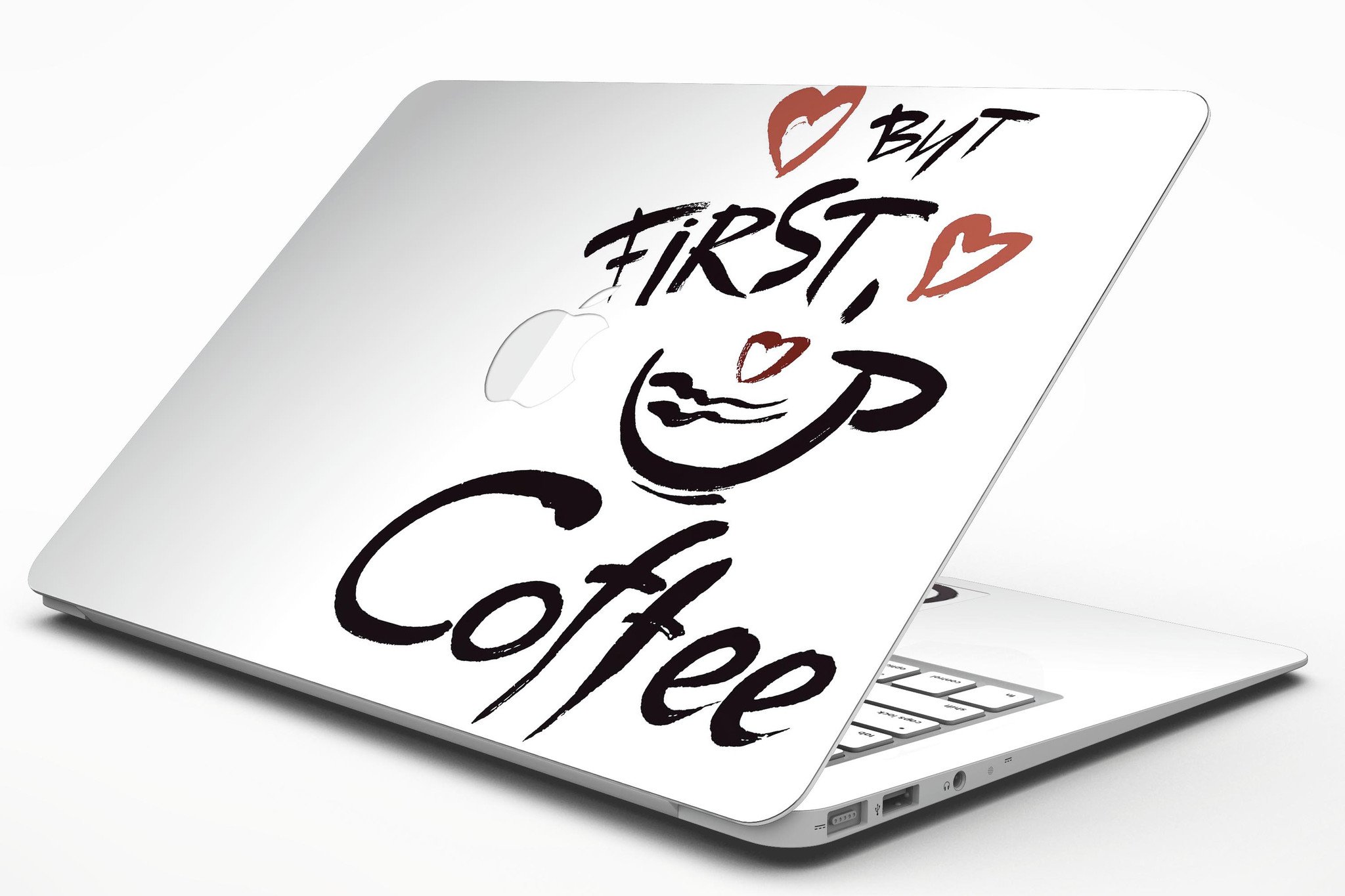 But First Coffee MacBook Air Skin Kit featuring a stylish coffee-themed design, made from durable vinyl for protection and style.