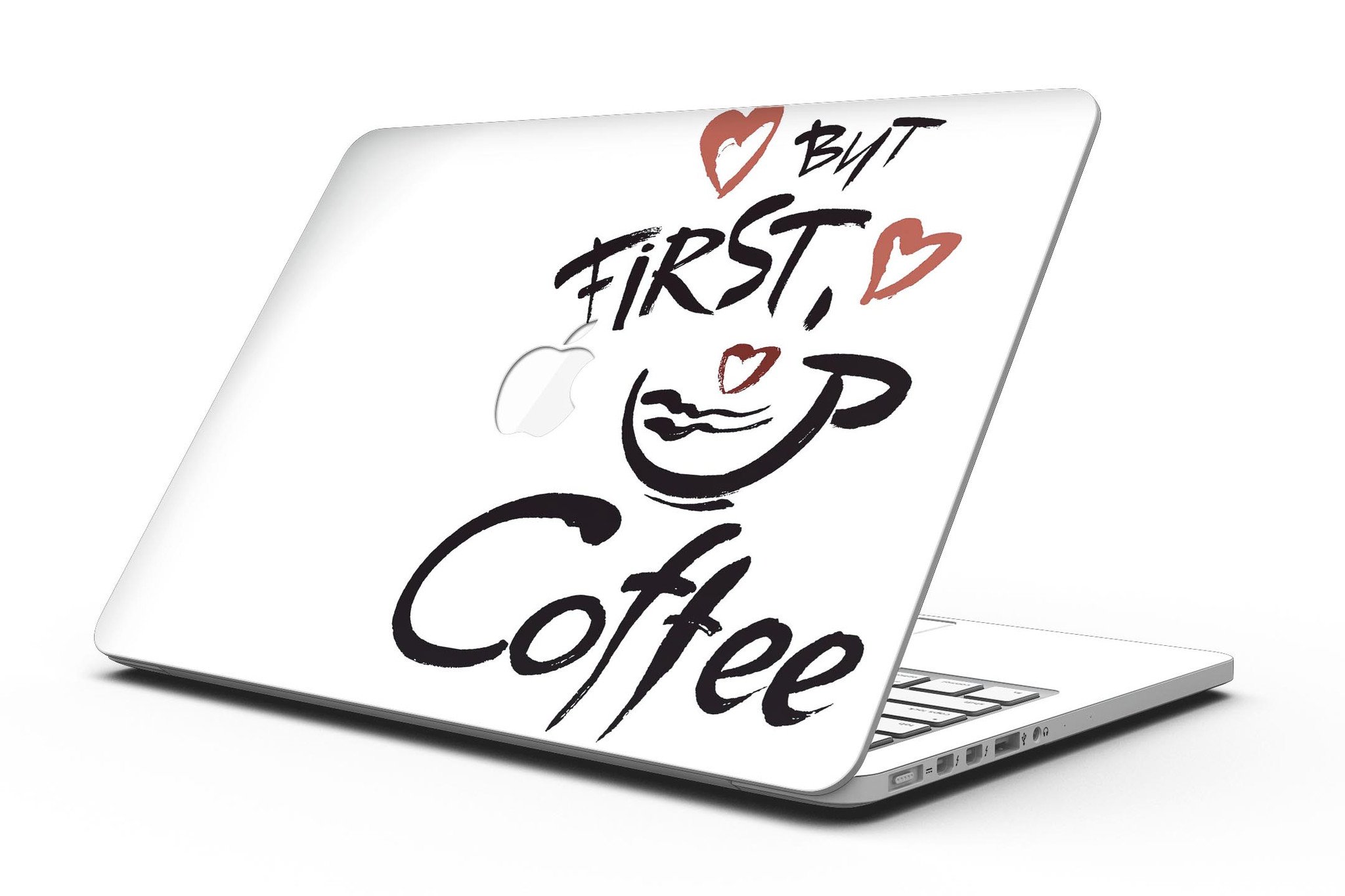 Stylish 'But First Coffee' full-coverage skin for MacBook Pro with Retina Display, showcasing vibrant design and premium vinyl material.