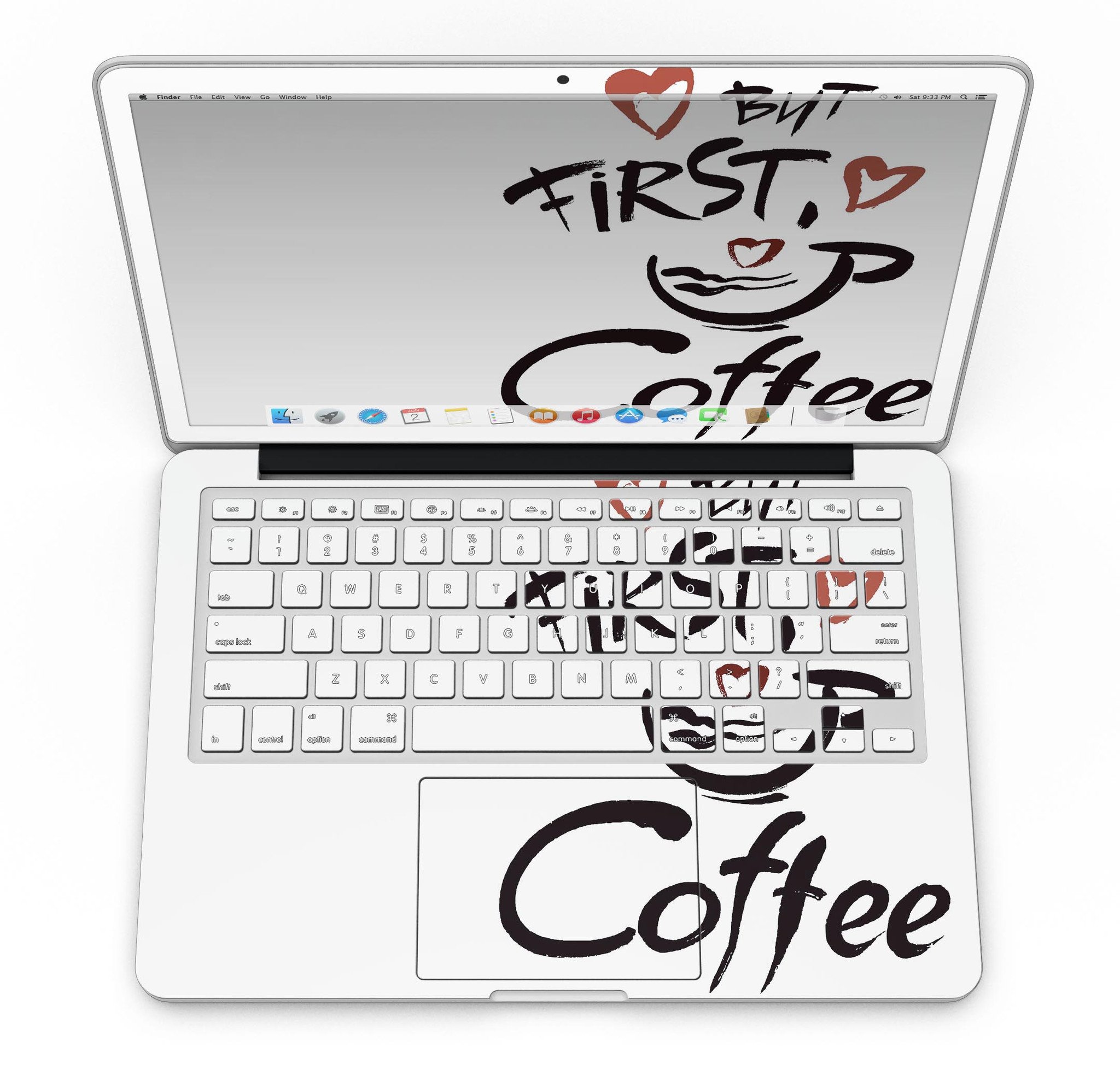 Stylish 'But First Coffee' full-coverage skin for MacBook Pro with Retina Display, showcasing vibrant design and premium vinyl material.