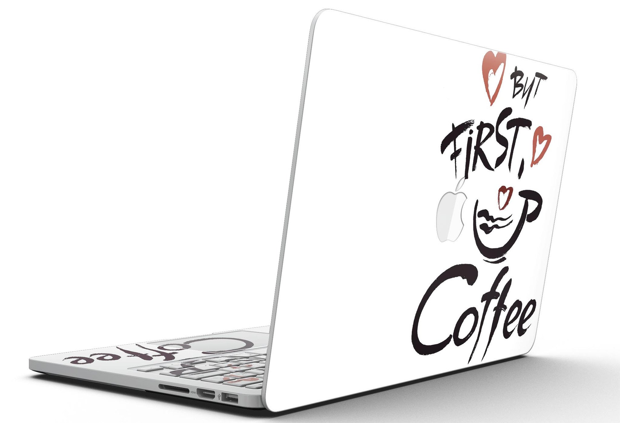 Stylish 'But First Coffee' full-coverage skin for MacBook Pro with Retina Display, showcasing vibrant design and premium vinyl material.