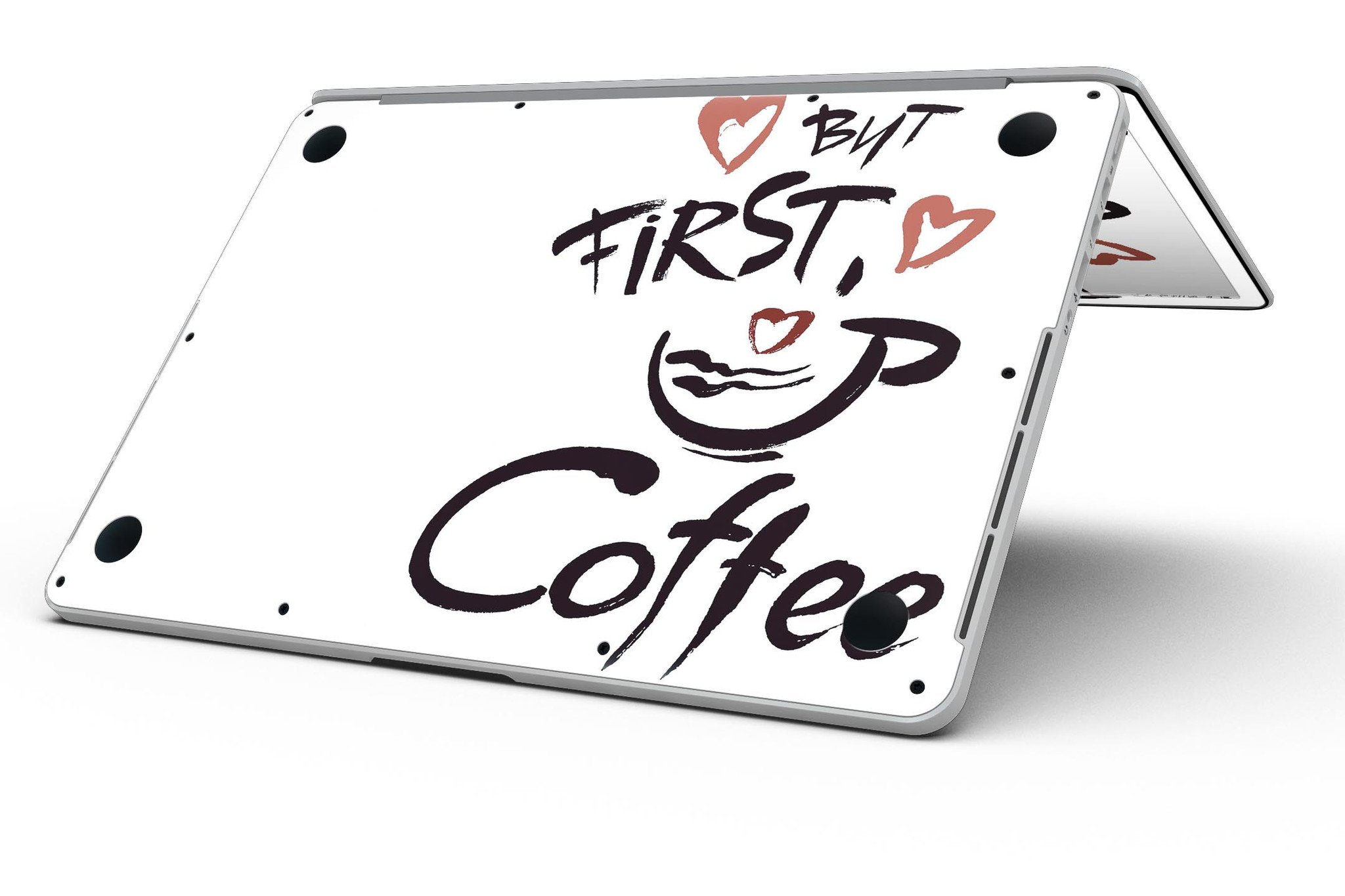 Stylish 'But First Coffee' full-coverage skin for MacBook Pro with Retina Display, showcasing vibrant design and premium vinyl material.