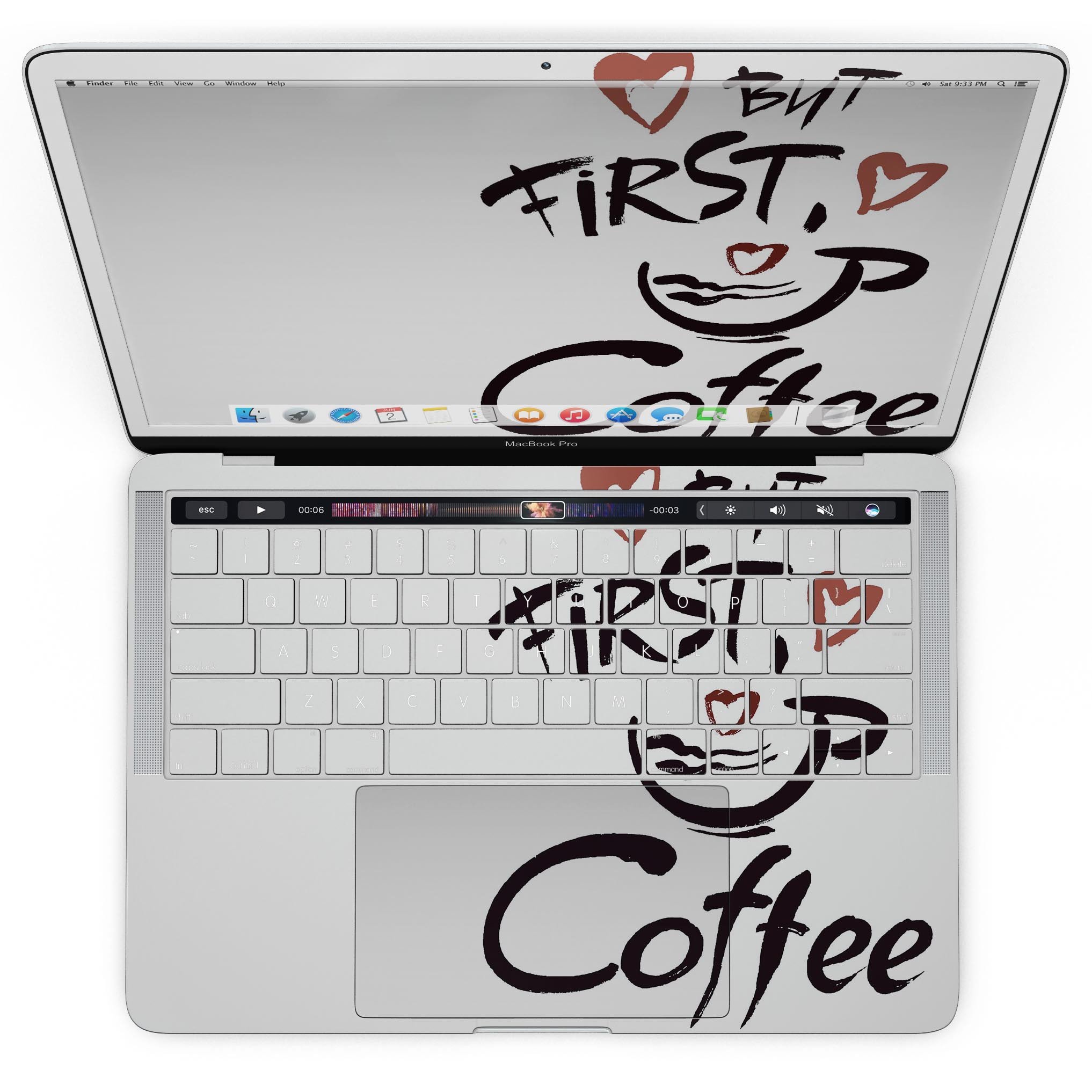 But First Coffee MacBook Pro skin kit featuring a stylish design, available in glossy or matte finishes, protecting the device from scratches.