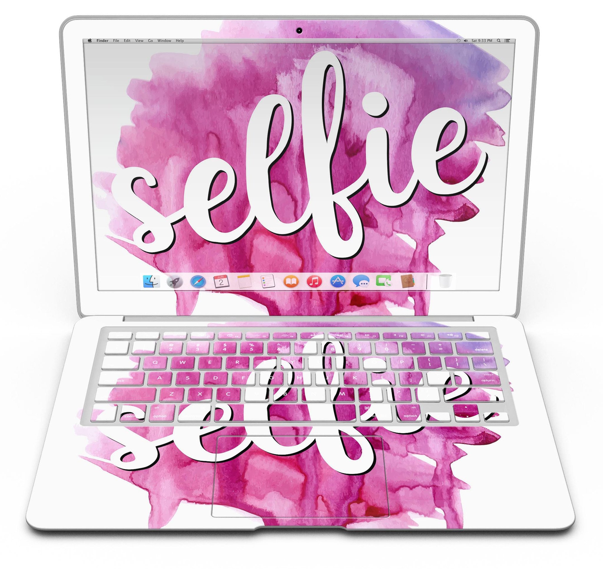 But First Selfie MacBook Air Skin Kit featuring vibrant design and premium vinyl material for protection and style.