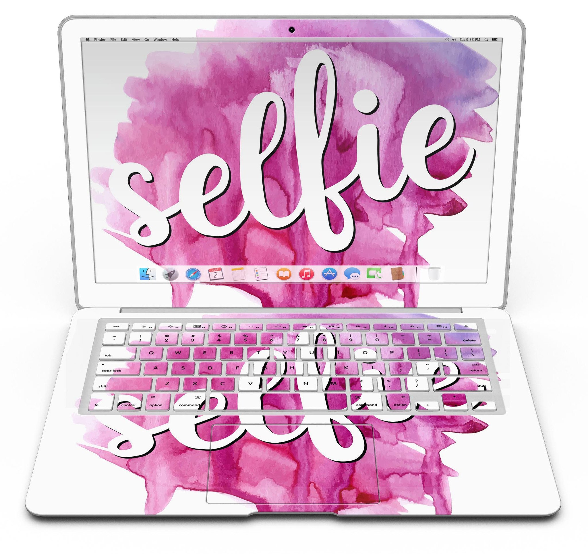 But First Selfie MacBook Air Skin Kit featuring vibrant design and premium vinyl material for protection and style.