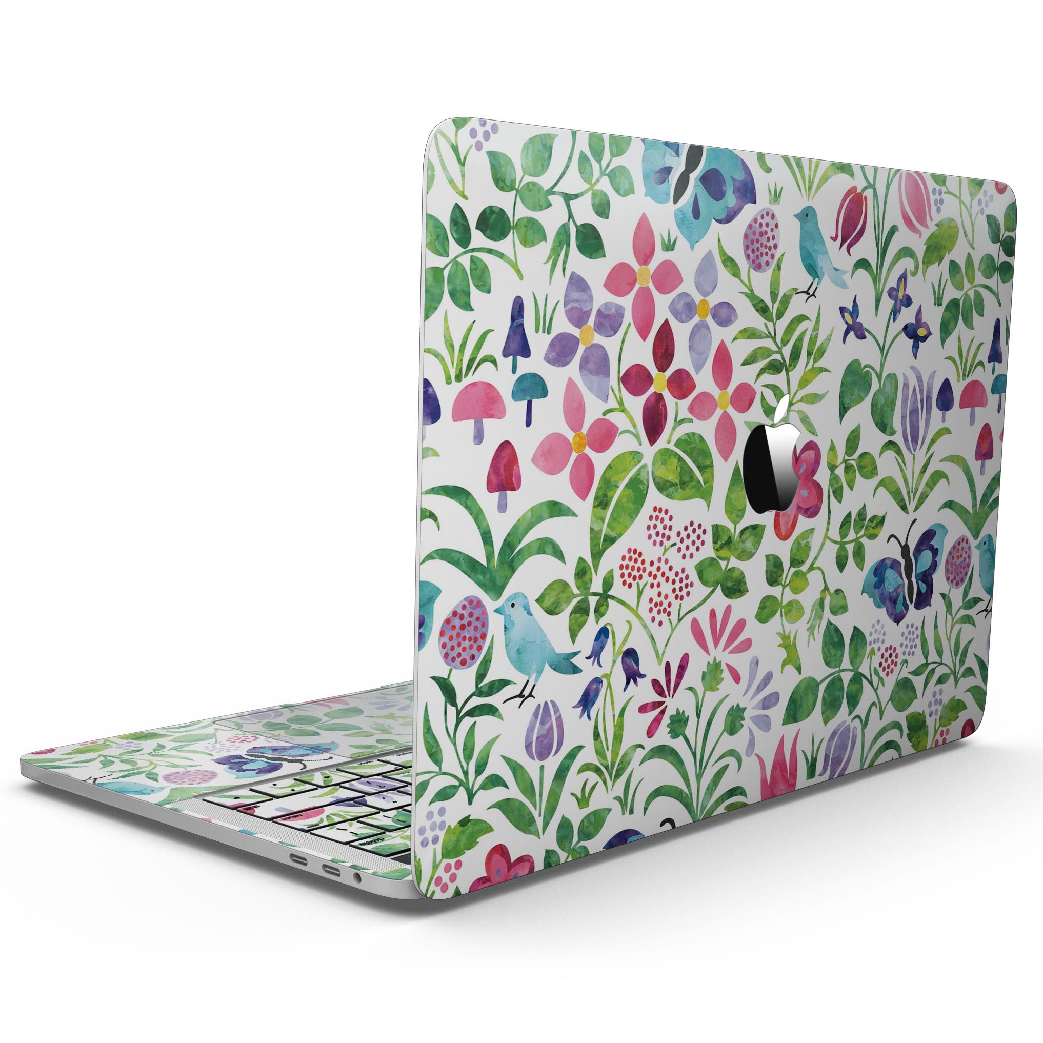 A MacBook Pro with Touch Bar featuring a vibrant Butterflies and Flowers Watercolor Pattern skin, showcasing colorful butterflies and floral designs.